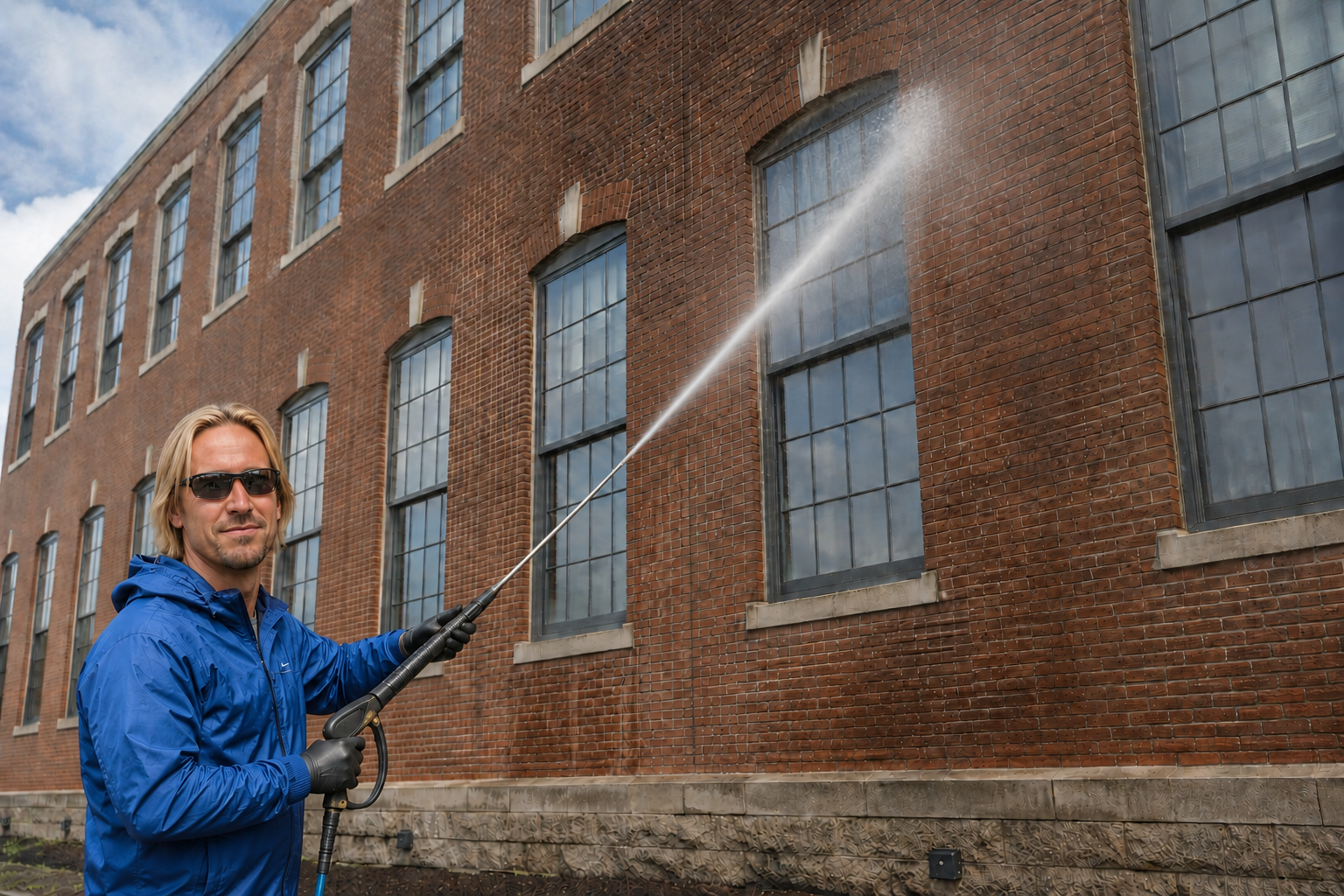 A man with long blonde hair, wearing sunglasses, a blue jacket, and black gloves, using a hose to spray water on the brick exterior wall of a building.