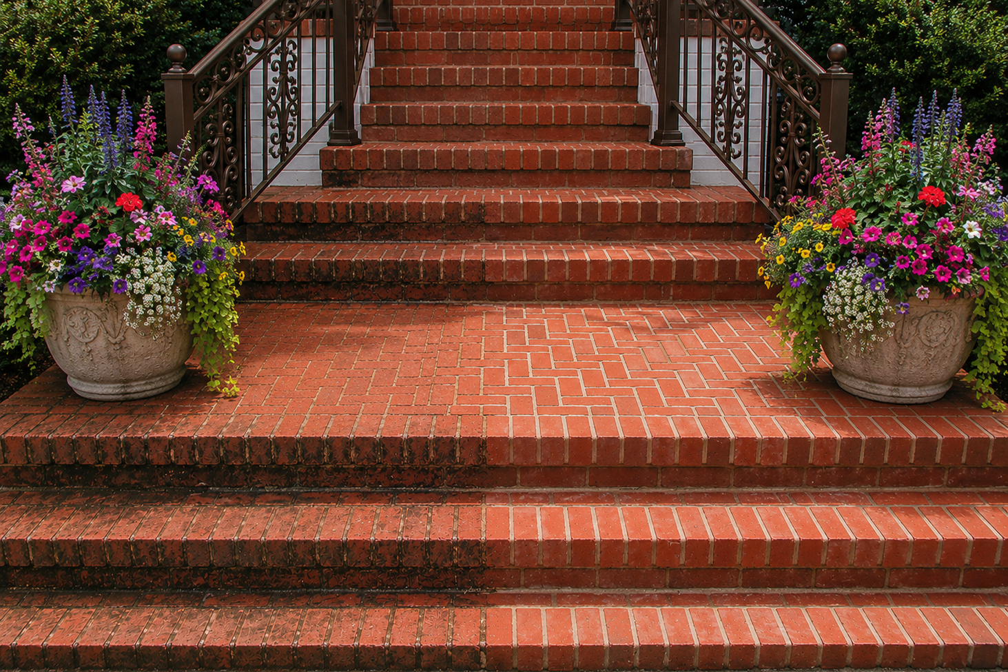 Red brick stairs with wrought iron railings on both sides, flanked by large decorative planters filled with colorful flowers, leading up to a house entrance surrounded by greenery.