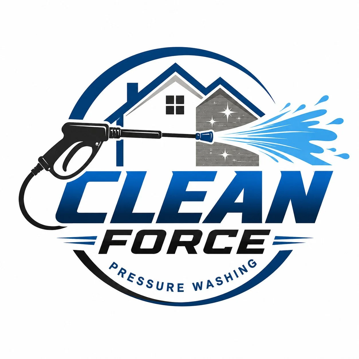 Logo for Clean Force Pressure Washing featuring a house with a pressure washer spray and the words "CLEAN FORCE" with "PRESSURE WASHING" beneath.