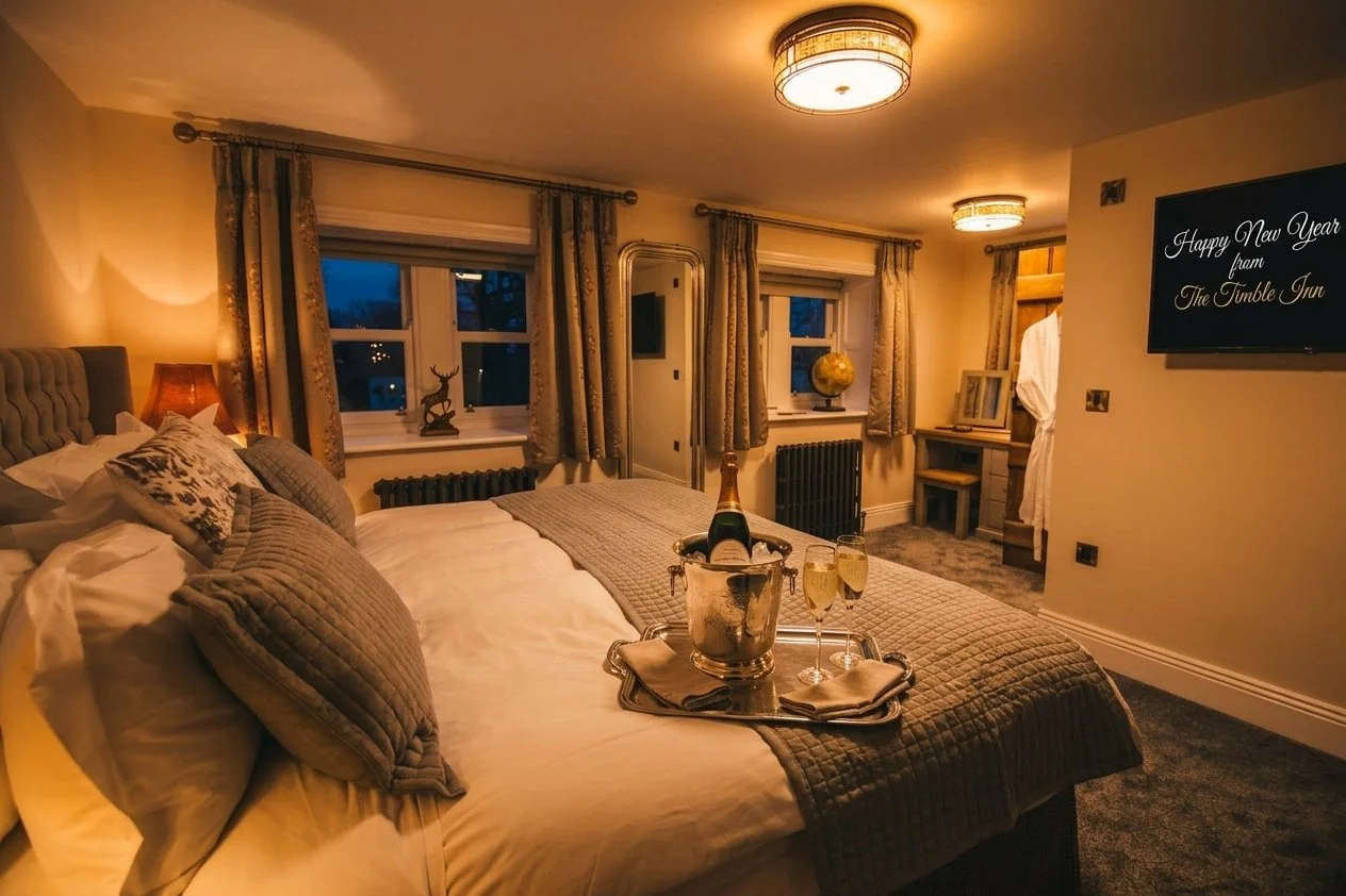 A cozy bedroom decorated for New Year with a tray holding champagne and glasses on the bed, warm lighting, and festive decor.