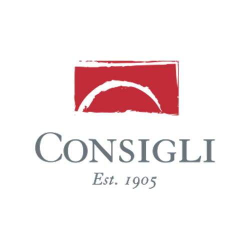 The logo features a red rectangle with a white arch and a partial white circle underneath. Below the graphic, the word 'CONSIGLI' is written in large gray letters, and underneath it, the text 'Est. 1905' is displayed in smaller gray font.