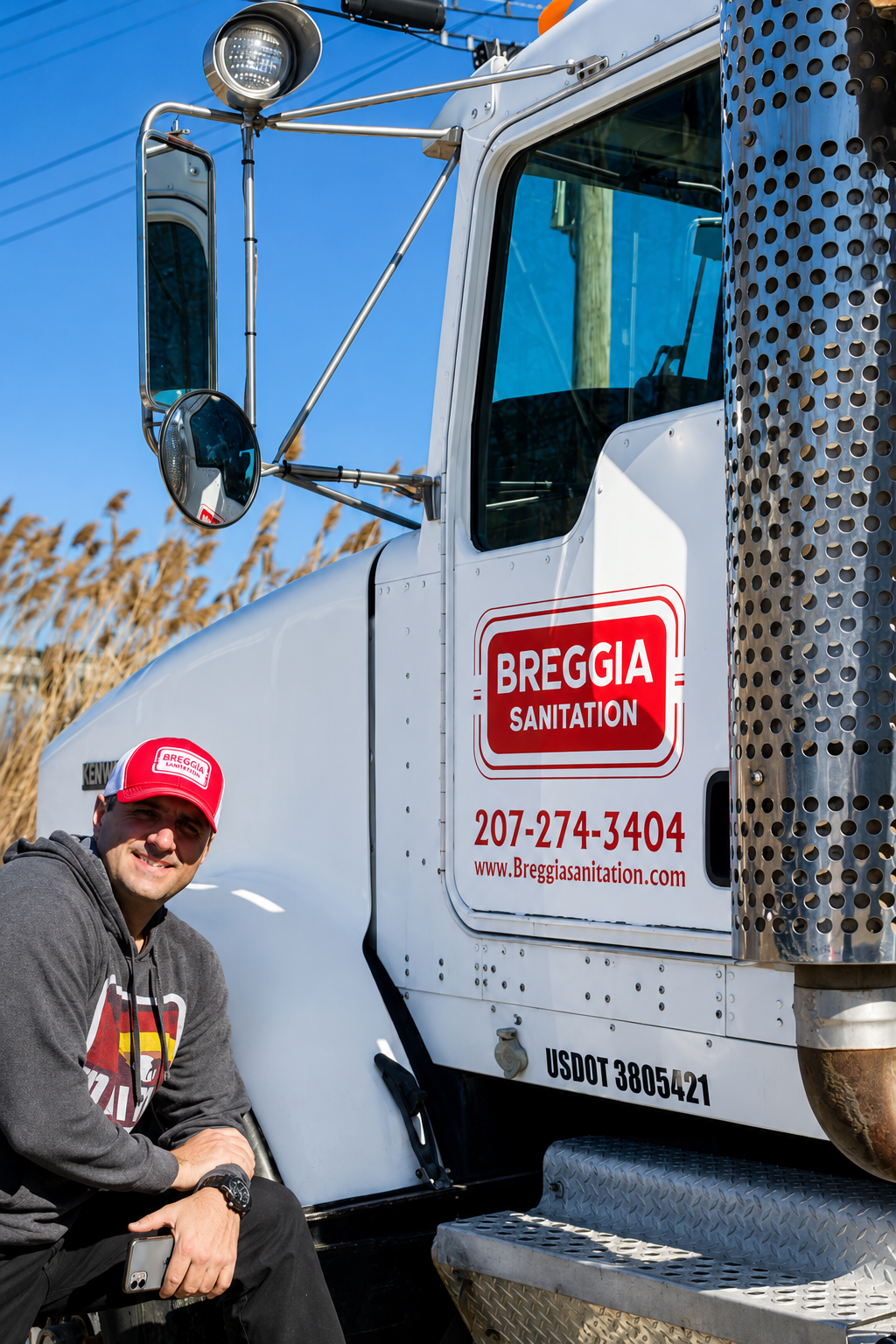 Man wearing a Breggia hat standing next to a Breggia truck