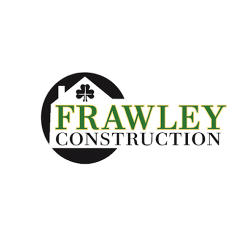 Logo for Frawley Construction featuring a house icon with a four-leaf clover and black circle background, with the text 'Frawley Construction' in green and black.