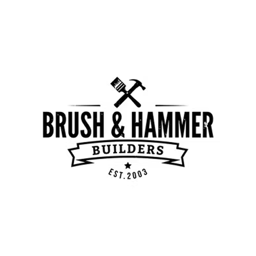Logo for Brush & Hammer Builders featuring a hammer and brush crossed above the company name, established in 2003.