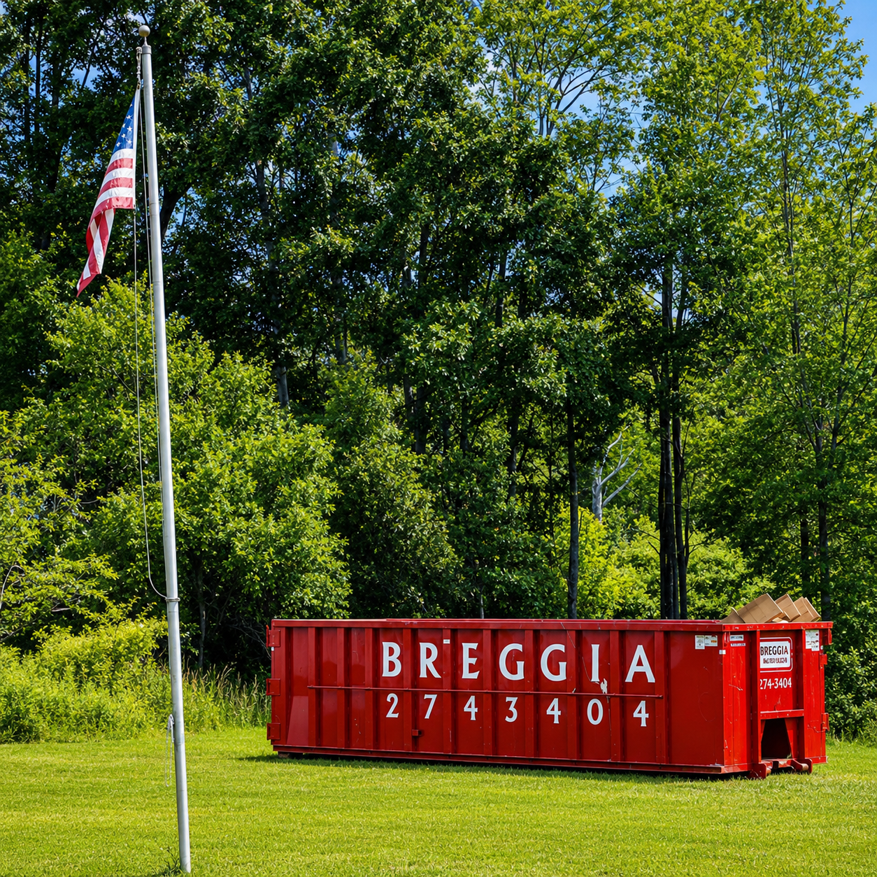 Breggia dumpster on a grassy yard with an American flag on a pole in front