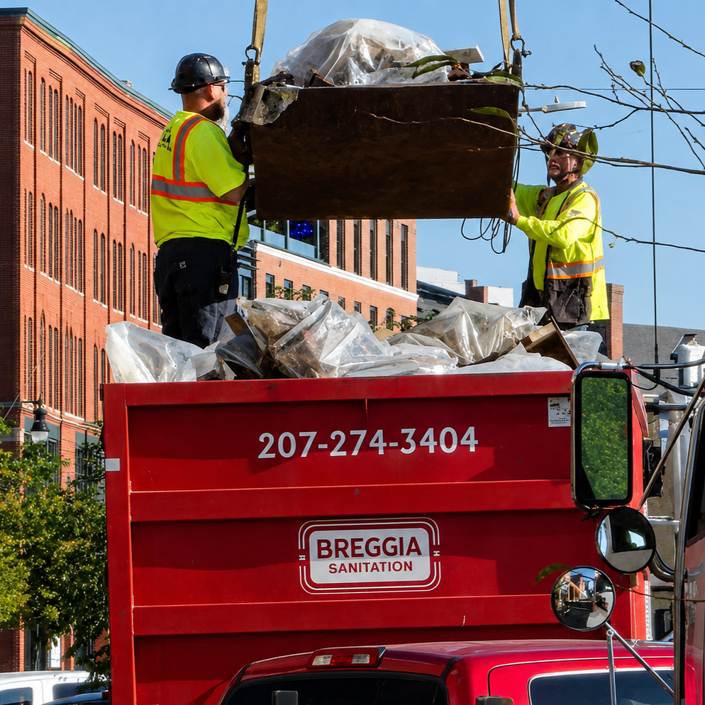 Two sanitation workers wearing yellow safety vests and helmets are lifting a large trash bin filled with debris into a red garbage truck labeled "BREGGIA SANITATION" on a city street.