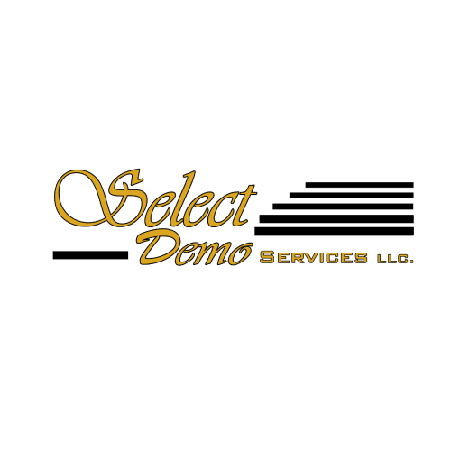 Logo for Select Demo Services LLC with stylized gold text and black horizontal lines.