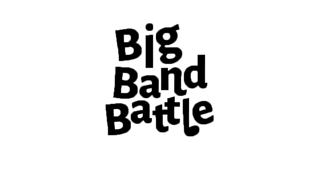 Illustration avec le texte 'Big Band Battle' en gros caractères noirs sur un fond sombre, avec des éléments graphiques colorés en haut à droite.