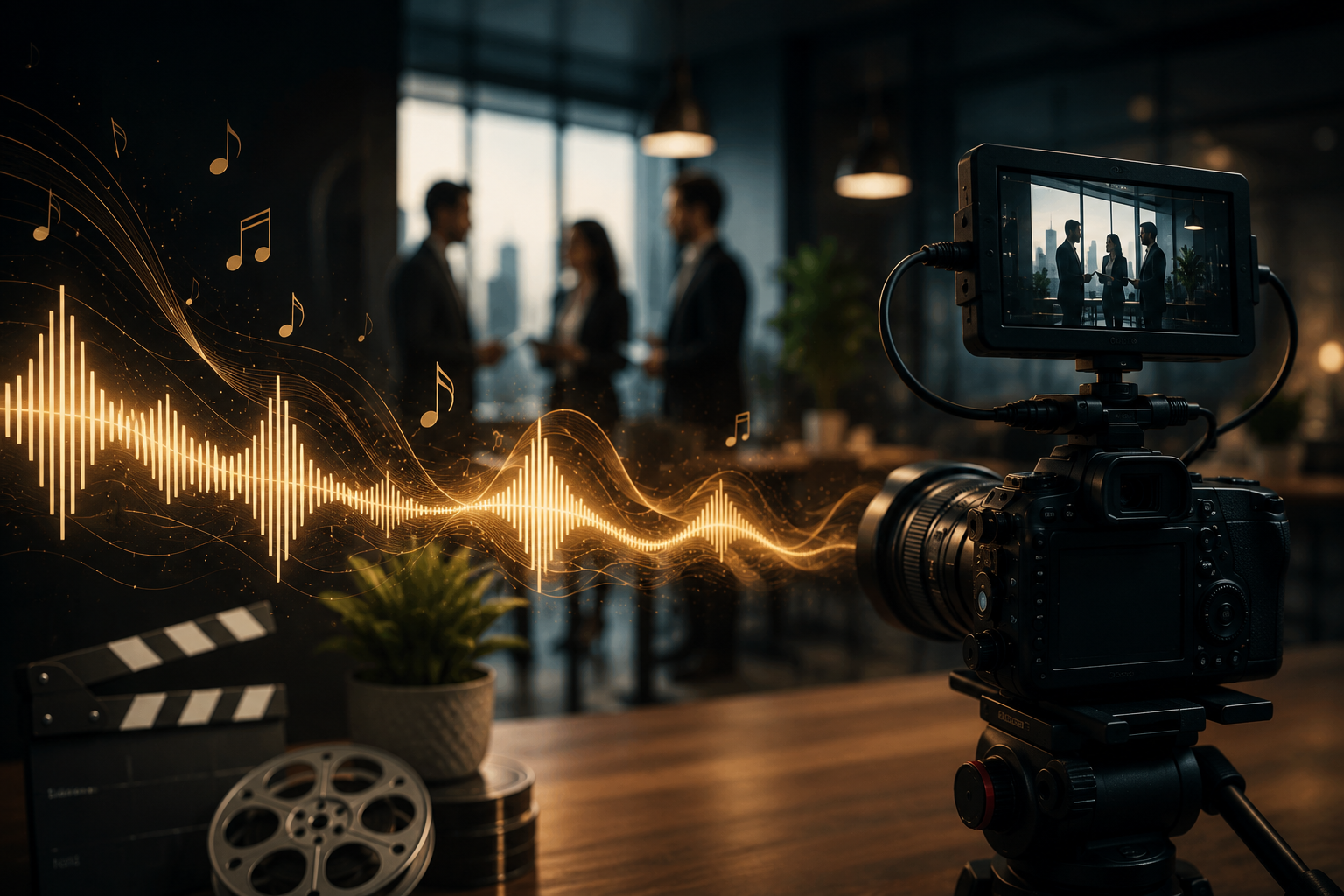 A video camera on a tripod filming three businesspeople in suits shaking hands in a modern office with large windows and city skyline in the background. Overlaid are graphic sound waves and musical notes.