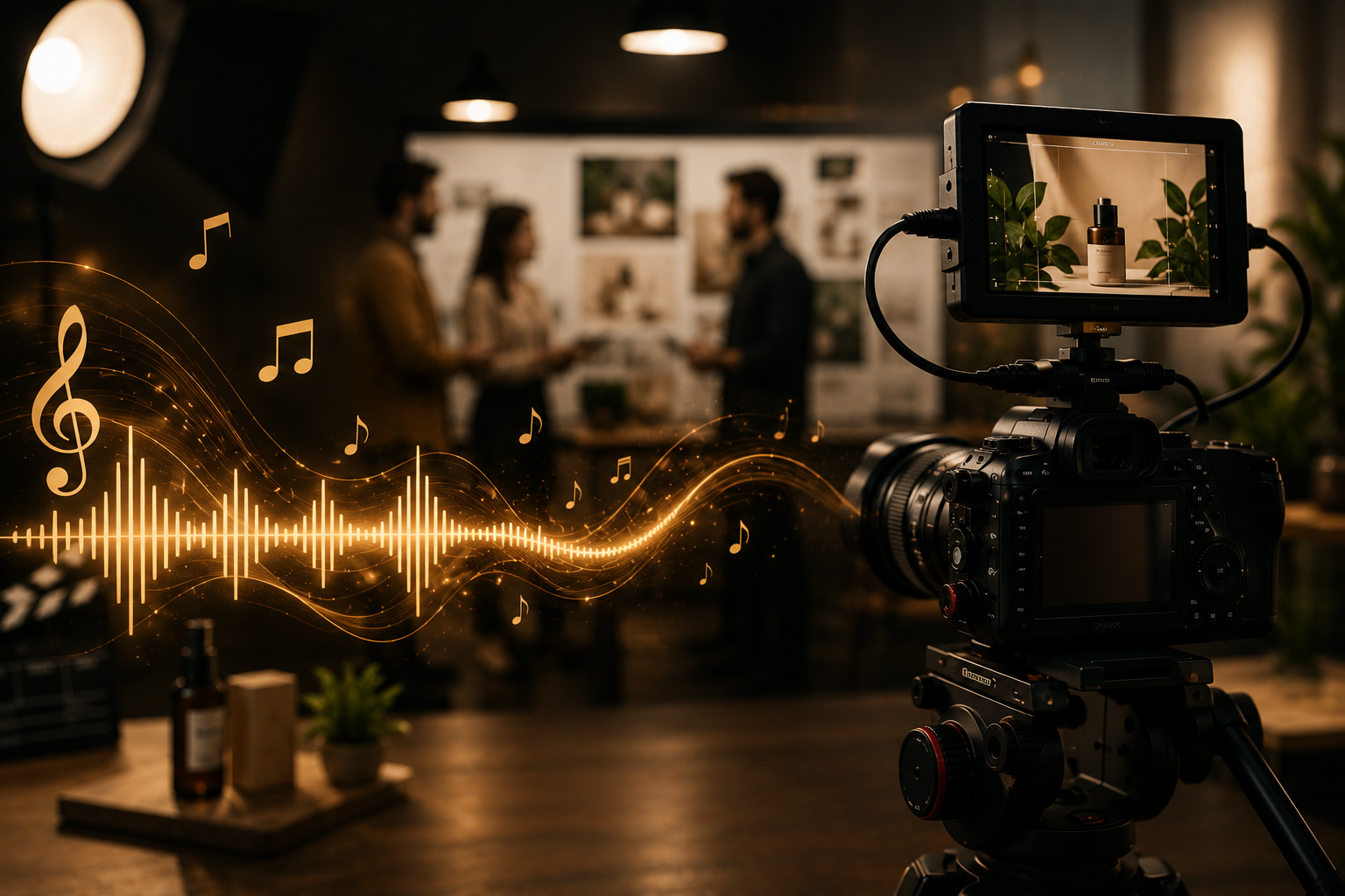 A professional camera on a tripod filming a product shot of skincare serum bottles with green leaves in the background, while a blurred background shows three people discussing in front of a display board with photos and text, with animated musical notes and sound wave graphics overlaid.