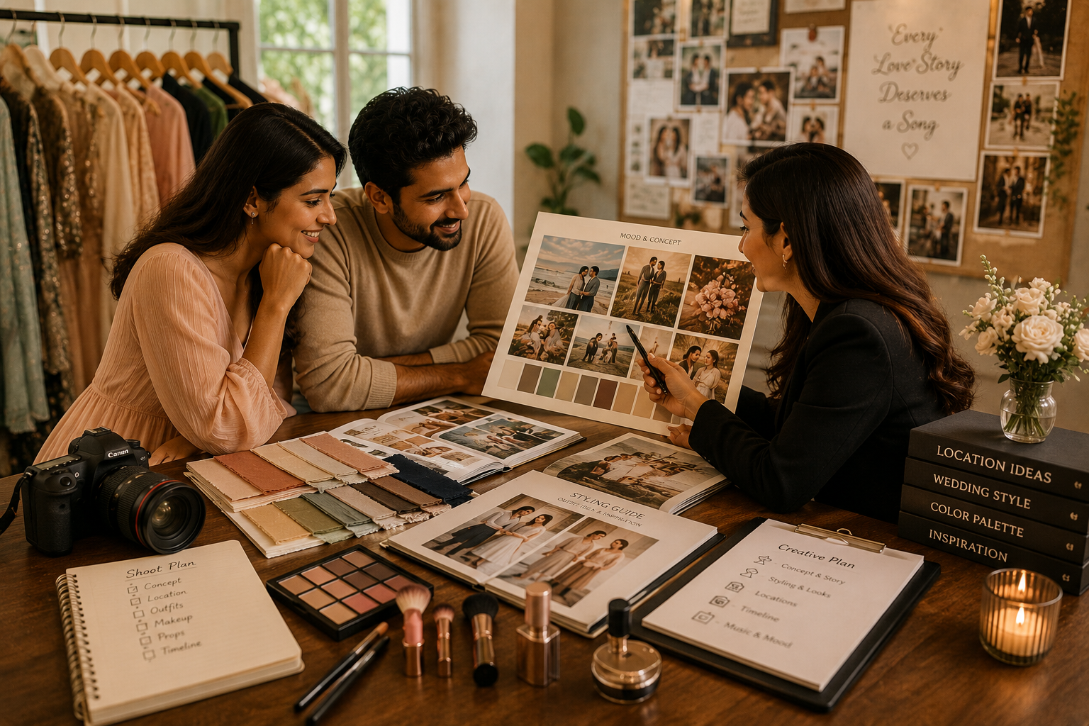 Three people discussing wedding themes at a planning table with mood boards, color swatches, and photography equipment in a studio.