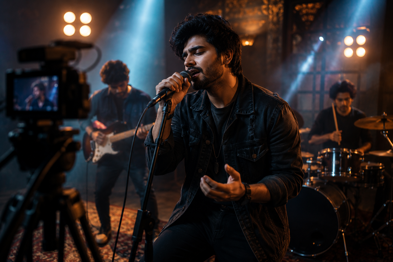 A male singer with dark hair and a beard performing passionately with a microphone in a dimly lit venue, backed by a guitarist and drummer, with stage lights and a camera recording him.
