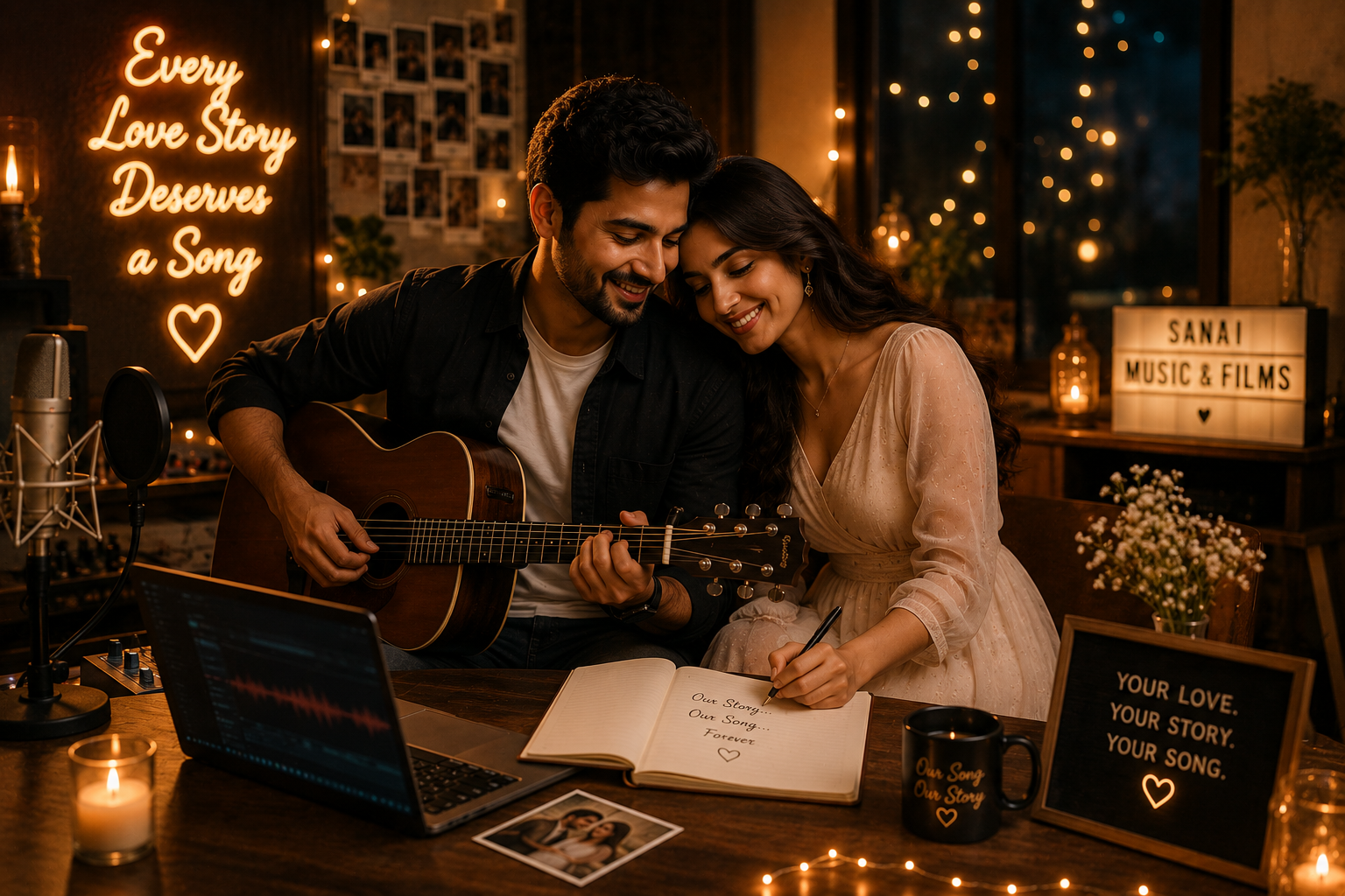 A couple is sitting at a table in a cozy, dimly lit room with warm string lights. The man is playing a guitar, and the woman is writing in a notebook. There is a laptop, a microphone, candles, framed photos, flowers, and signs with romantic and musical themes.