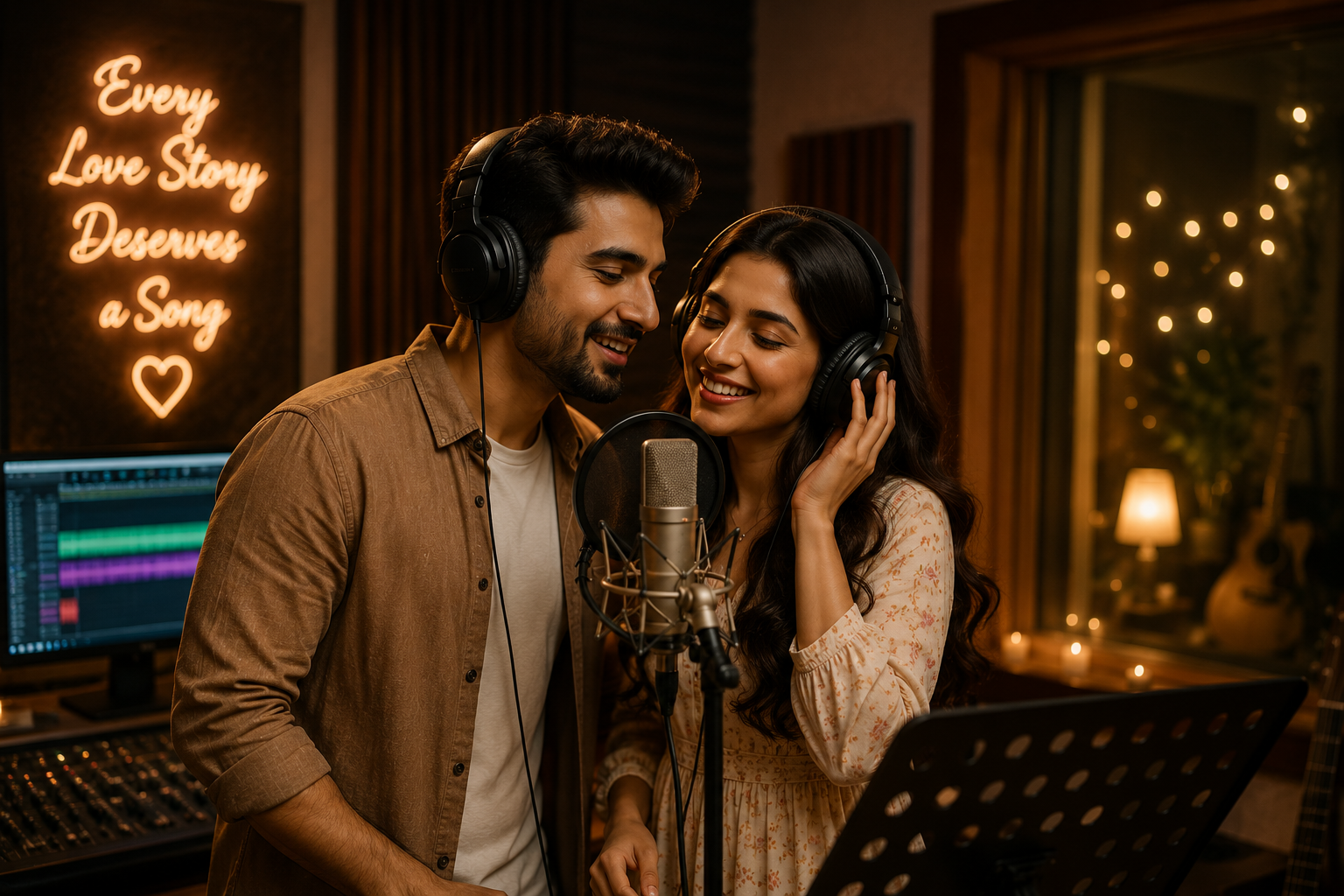 A man and woman in a recording studio sharing a moment while singing into a microphone, both wearing headphones. The studio has warm lighting, a computer monitor, and a sign that reads 'Every Love Story Deserves a Song' in neon lights.