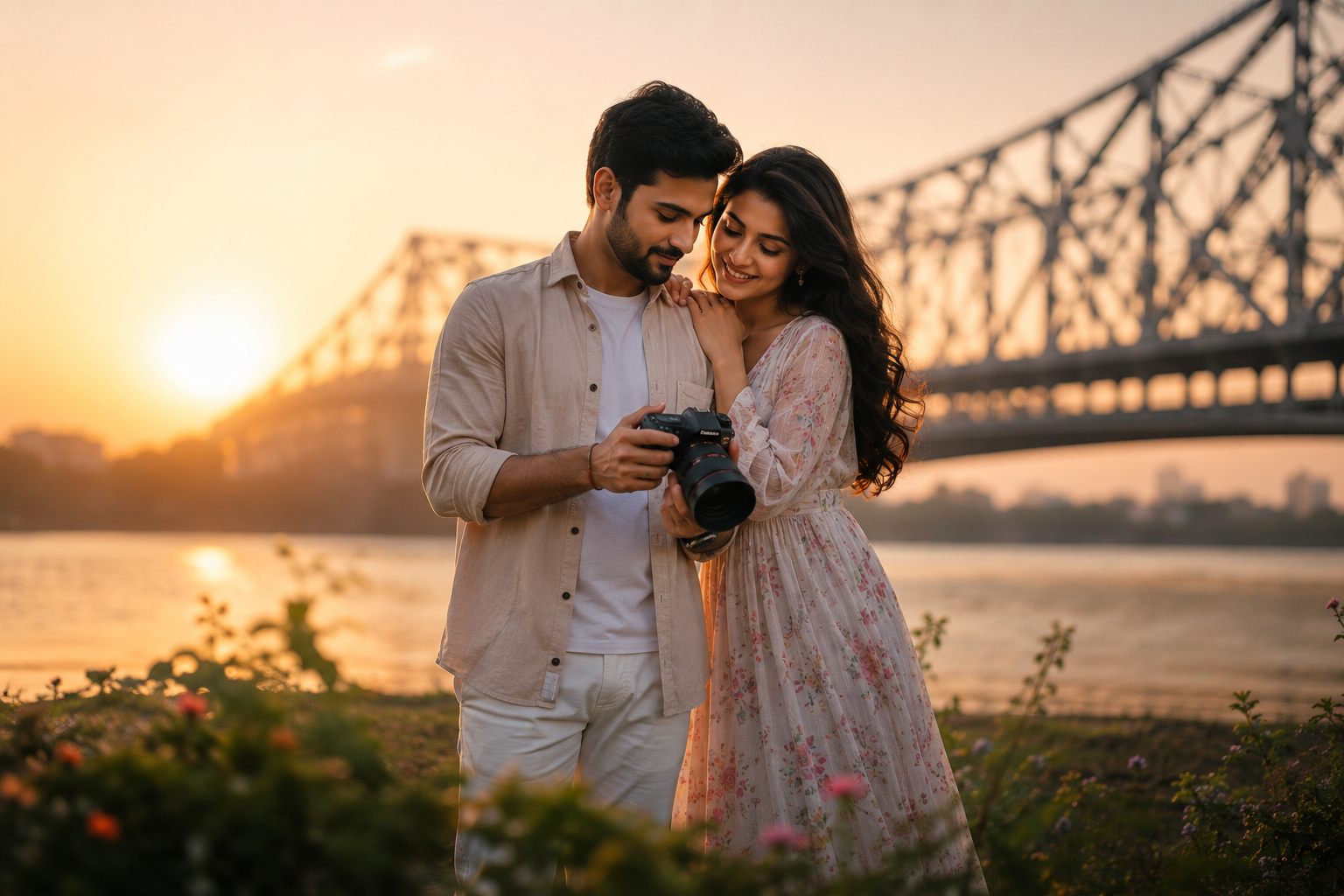 A young couple looking at a camera during sunset near a bridge over a river.