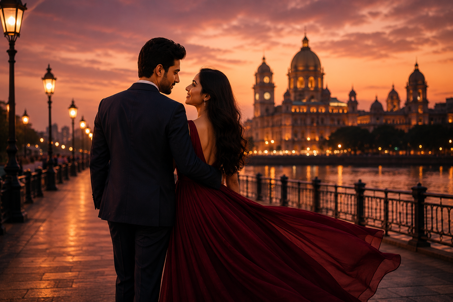 A romantic couple stands by a riverside during sunset, with a grand historic building illuminated in the background. The man is dressed in a dark suit, and the woman wears a flowing red gown.