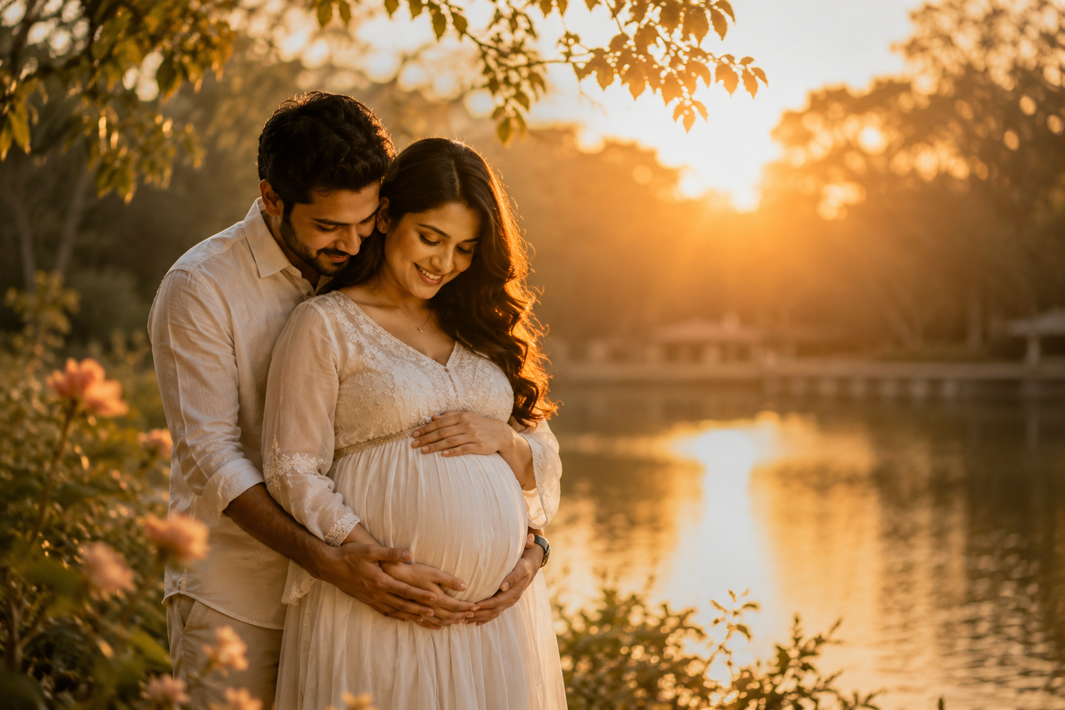 A pregnant woman and a man standing by a river at sunset, smiling and holding her baby bump.