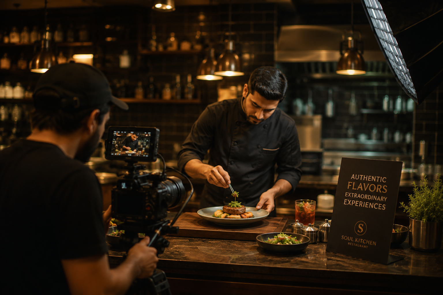 Chef plating food in a restaurant kitchen with a camera crew filming him, a sign reads 'Authentic Flavors, Extraordinary Experiences'.