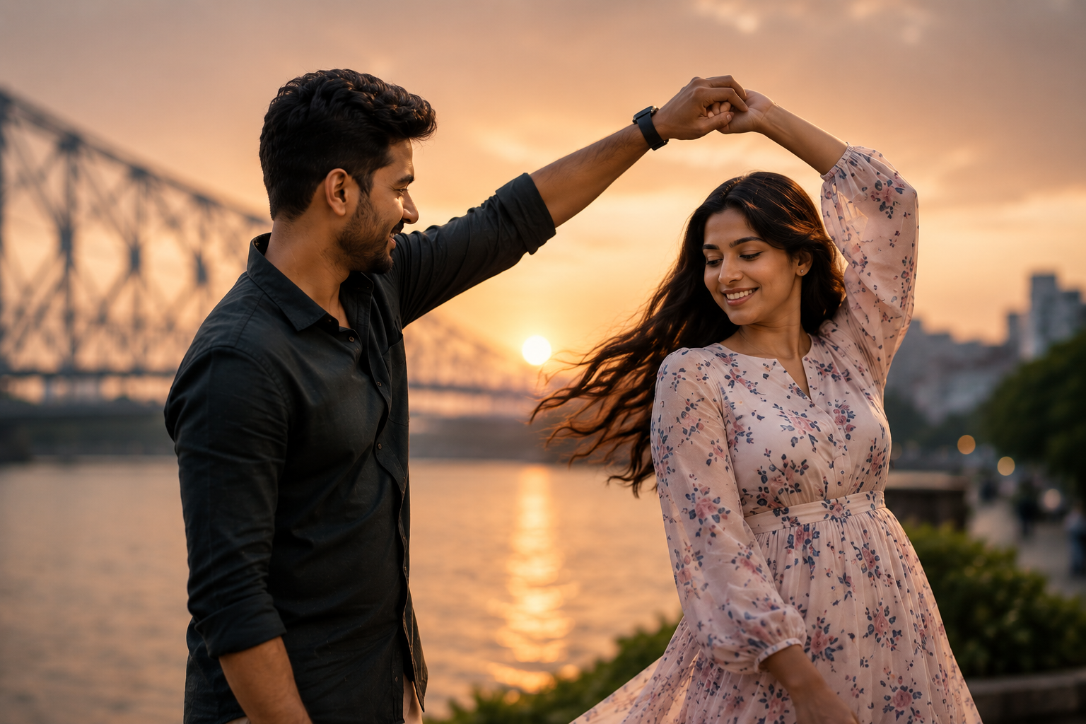 A couple dancing by a river at sunset, with a bridge and city skyline in the background.