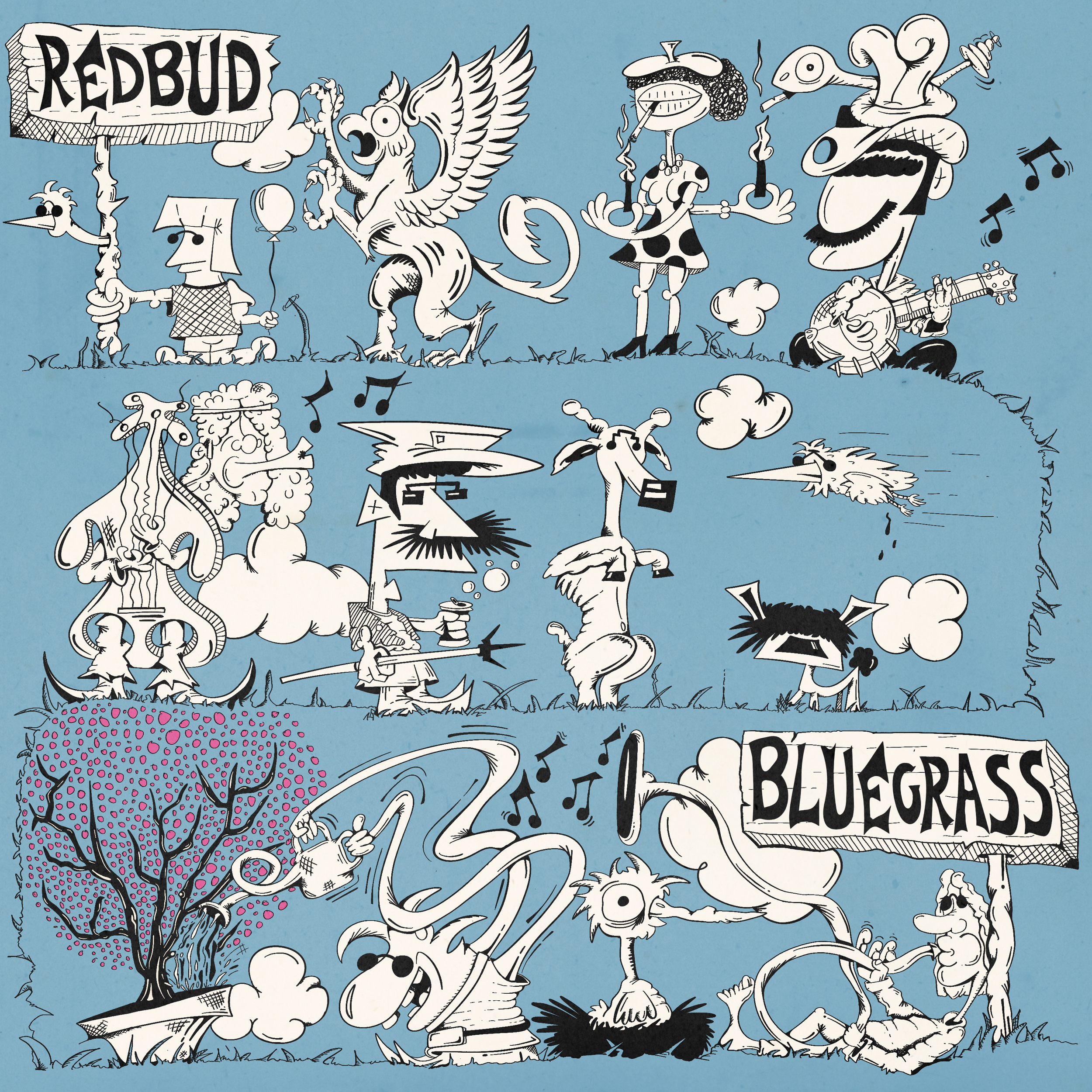 A black and white cartoonish illustration on a blue background featuring various fantastical characters and objects, including a dragon, a person with a party hat, a tree, and a sign that says 'Redbud'. Some characters are playing music, smoking, or holding signs, with whimsical and exaggerated features.