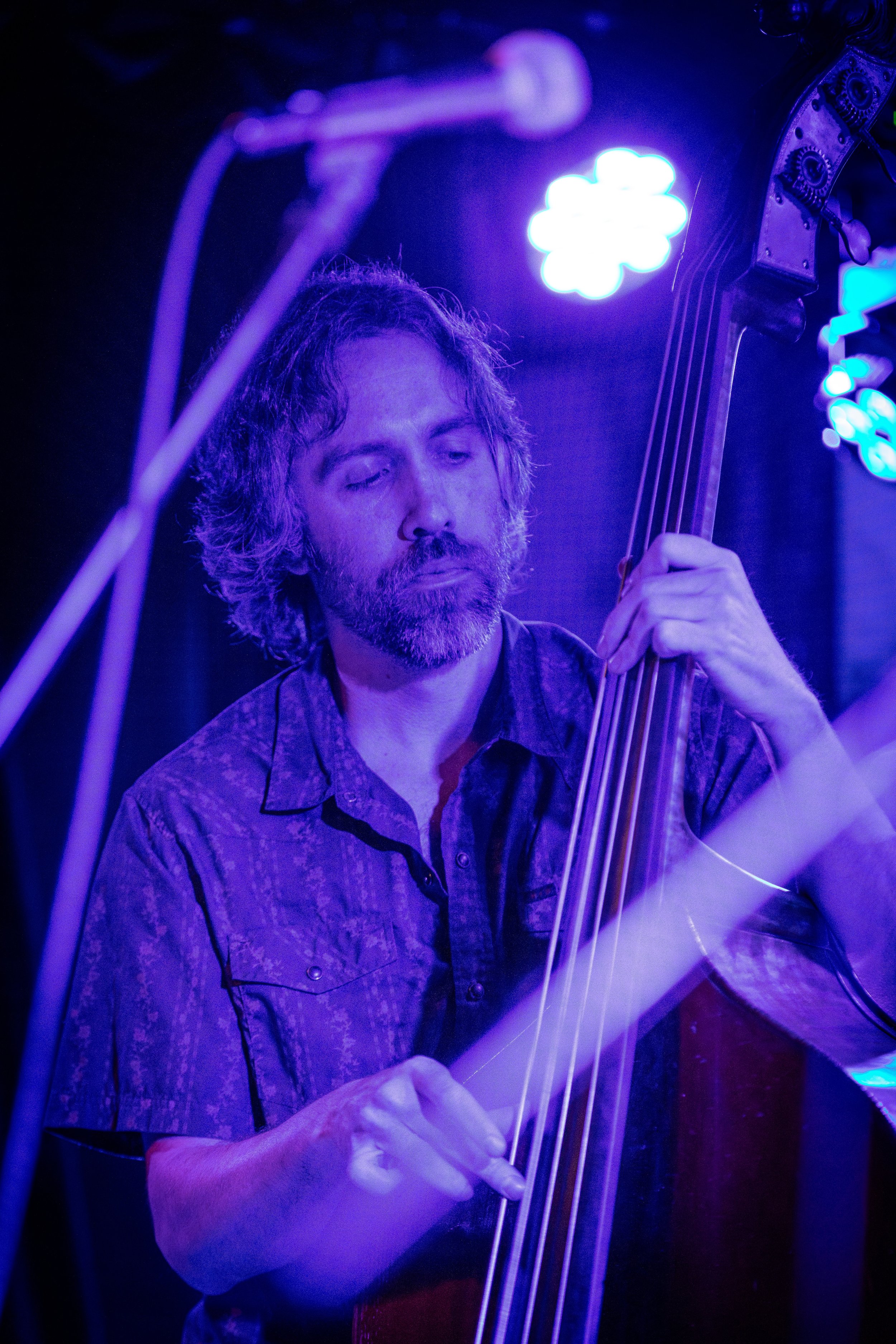 A man playing an upright bass on stage, illuminated by purple and blue stage lights.