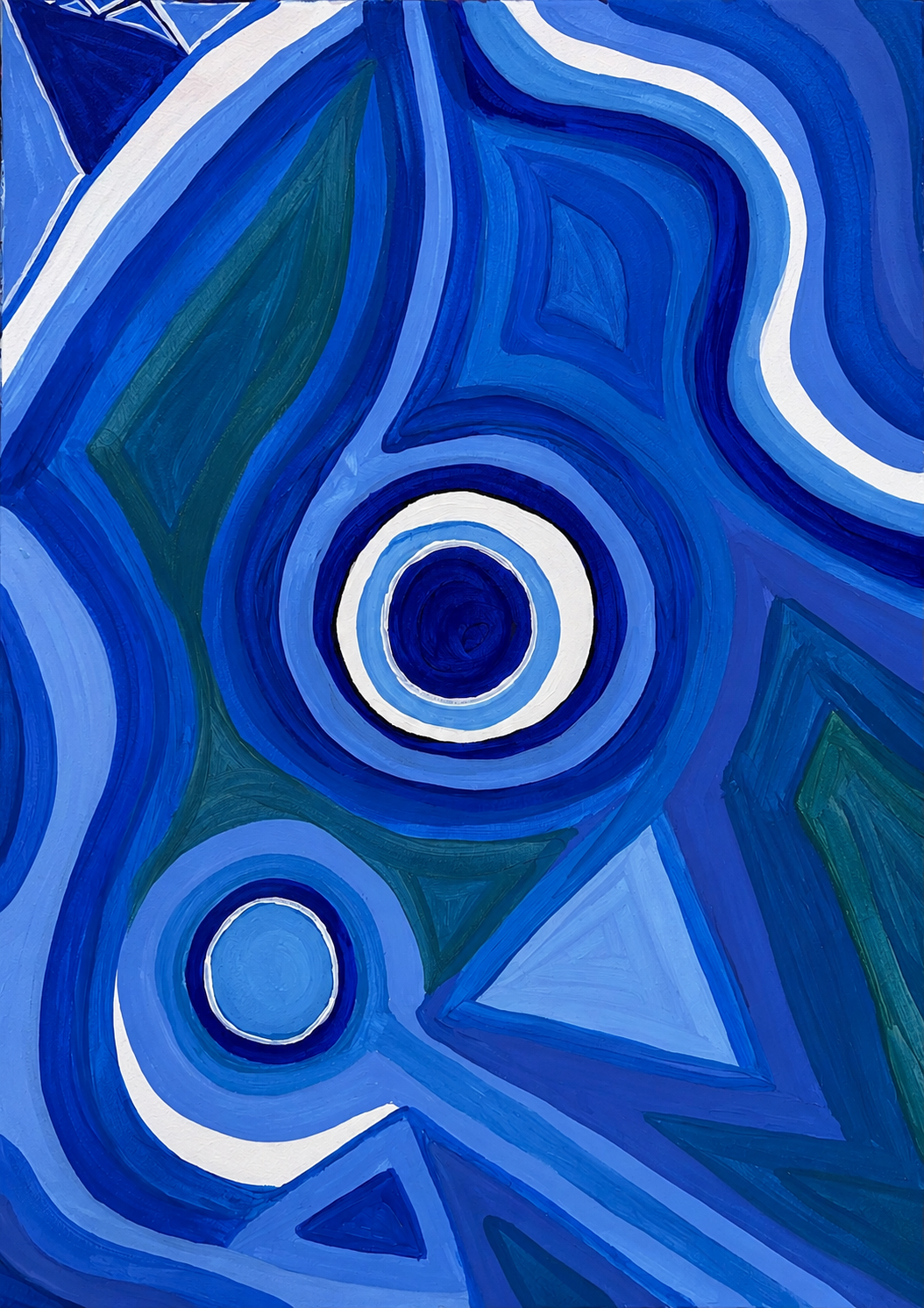 An abstract painting with swirling blue, white, and green patterns and concentric circles.