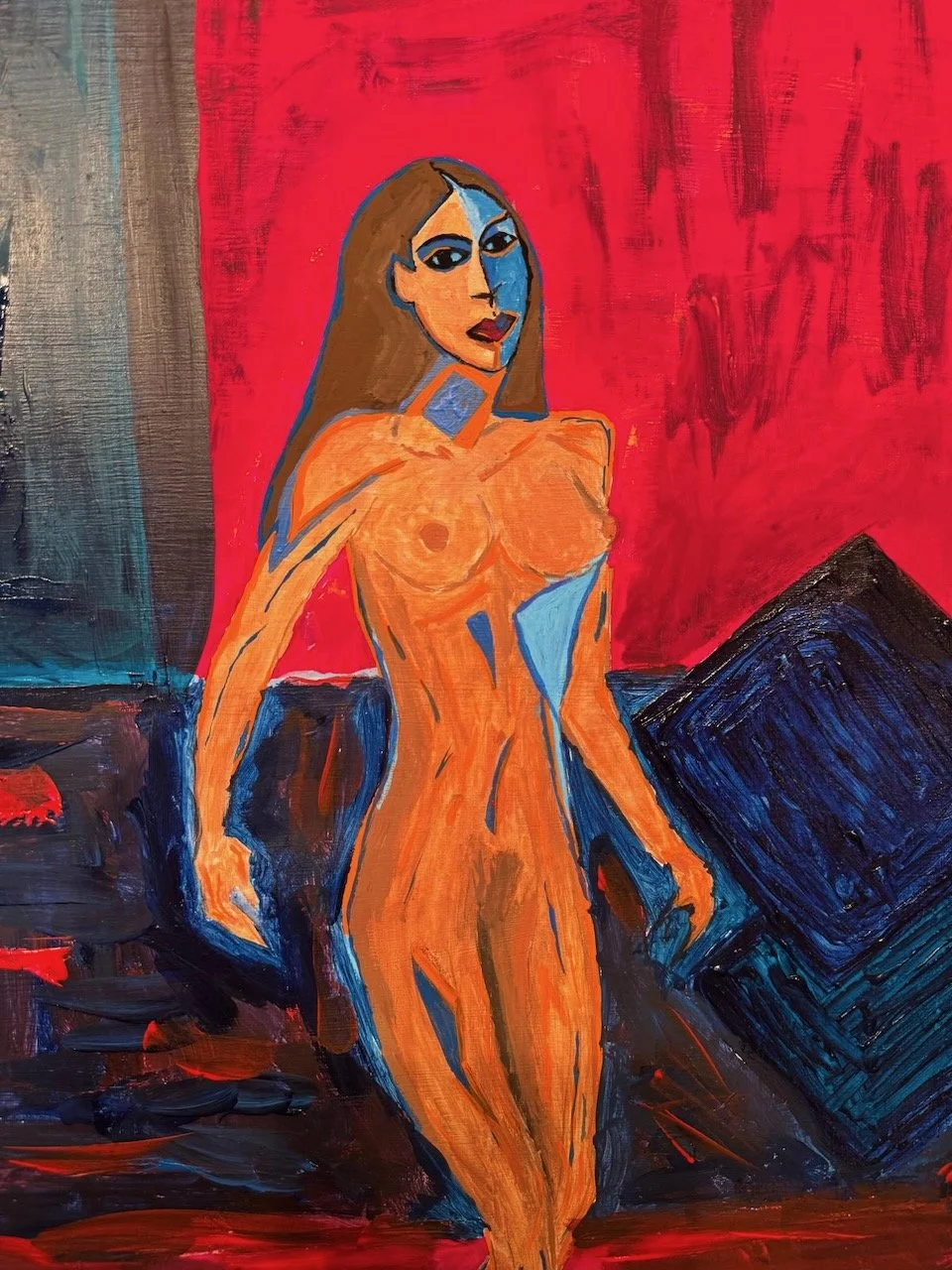 Cubist-influenced nude by Trish Golfar. Acrylic painting of a standing female figure in orange against a red ground, face split into two planes.