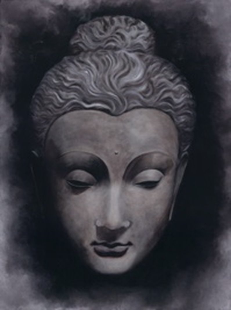 Atalanta painting. Buddha, oil on canvas, 16 x 20 inches. A serene Buddha head in soft greys against a dark ground.