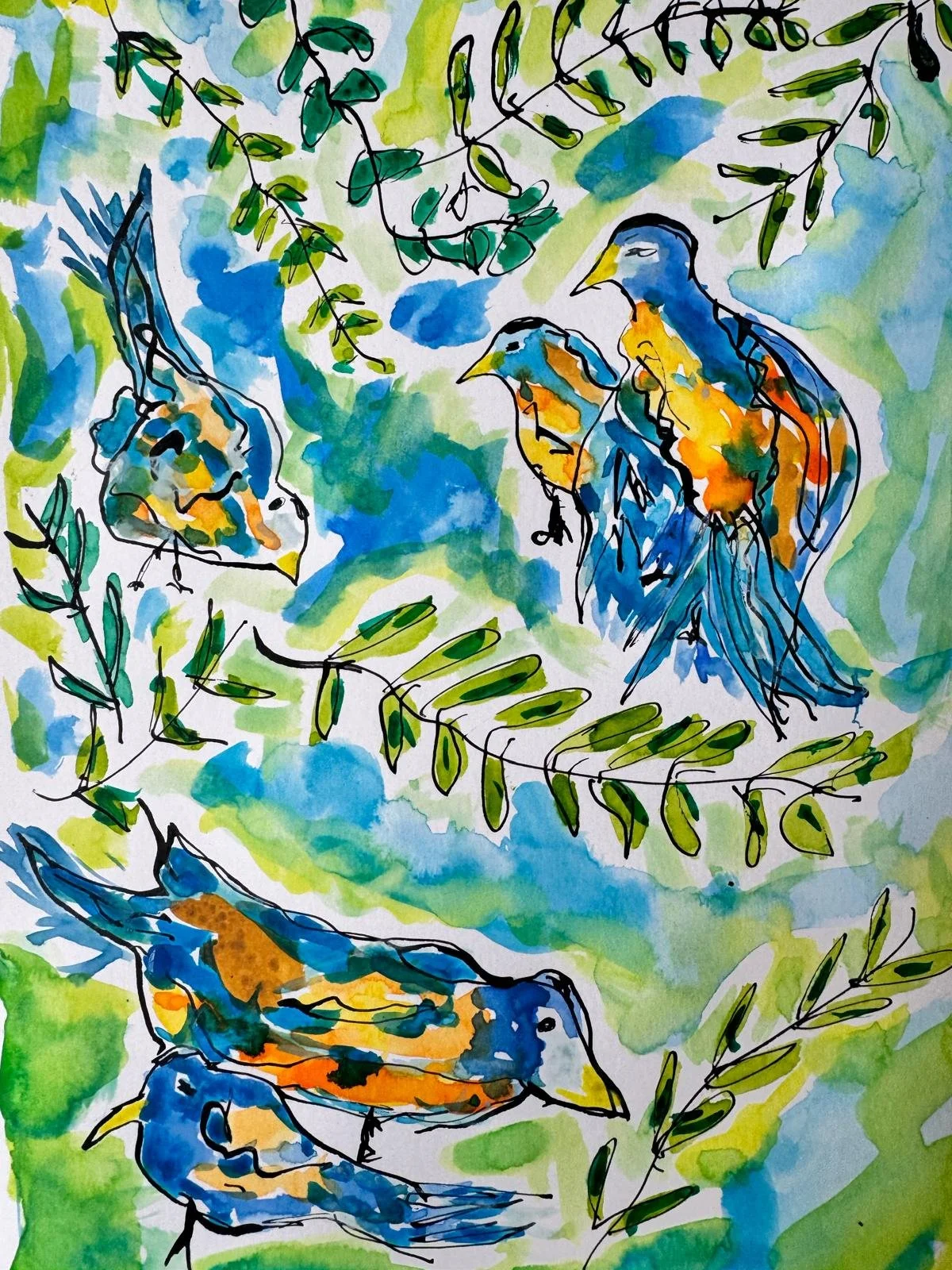 "Alfred and the Pew Pew Birds:"
Watercolour on Hot Pressed Paper
11.7” x 8.3”
29cm x 21cm