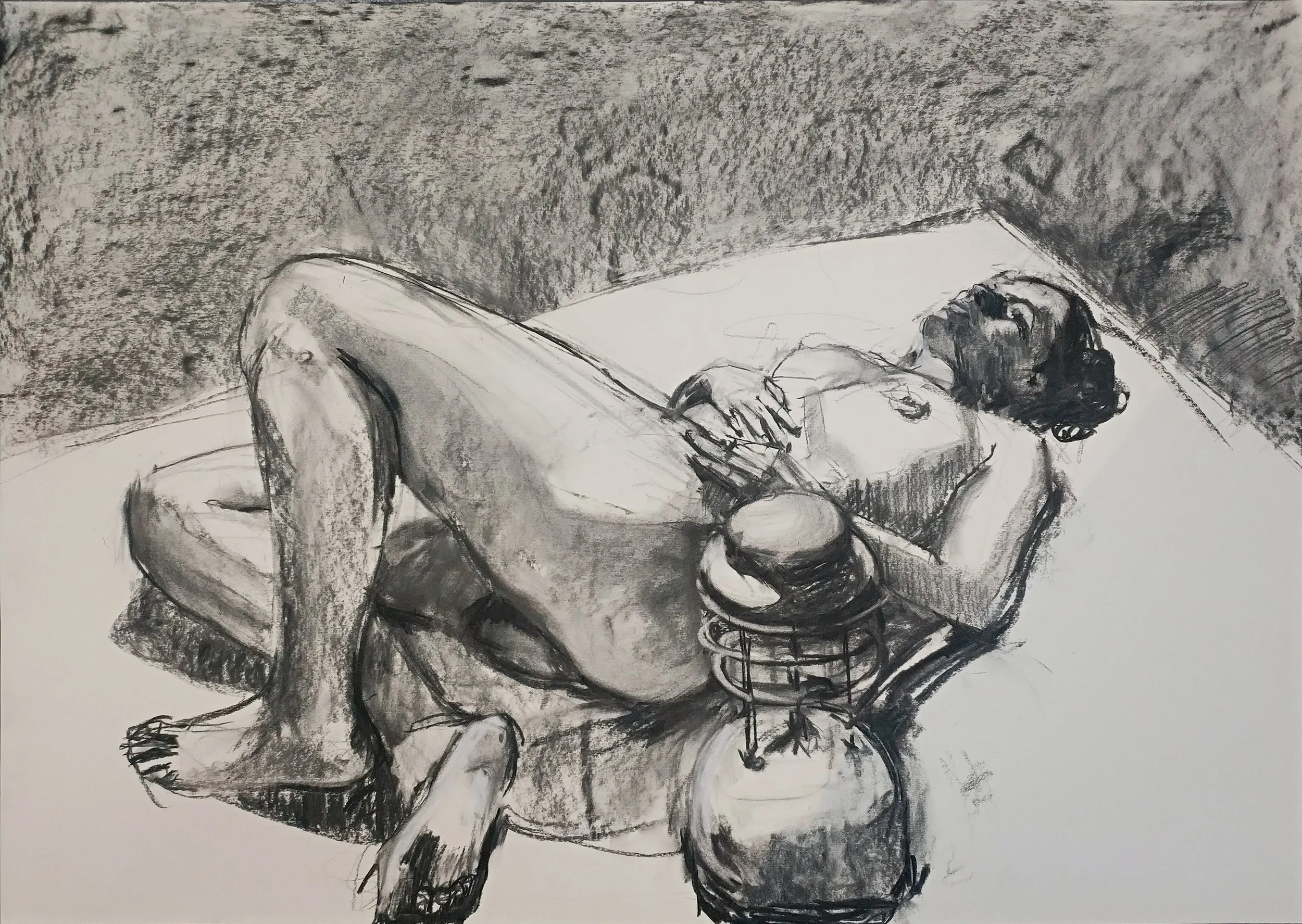 A black and white sketch of a woman lying on a bed, reading a book, with a dog beside her.