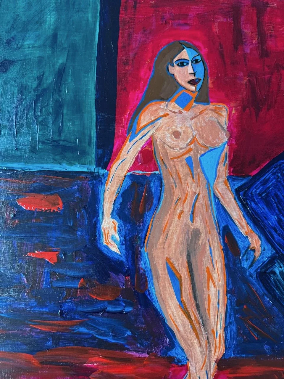 Expressionist nude by London artist Trish Golfar. Acrylic painting of a standing woman in a blue and red interior, bold outlines and split-tone face.