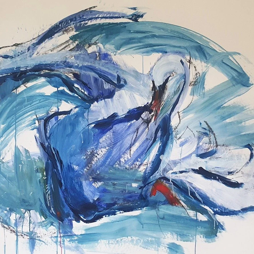 Swan by Anita Dangel. Loose blue, white and black strokes with red at the beak.