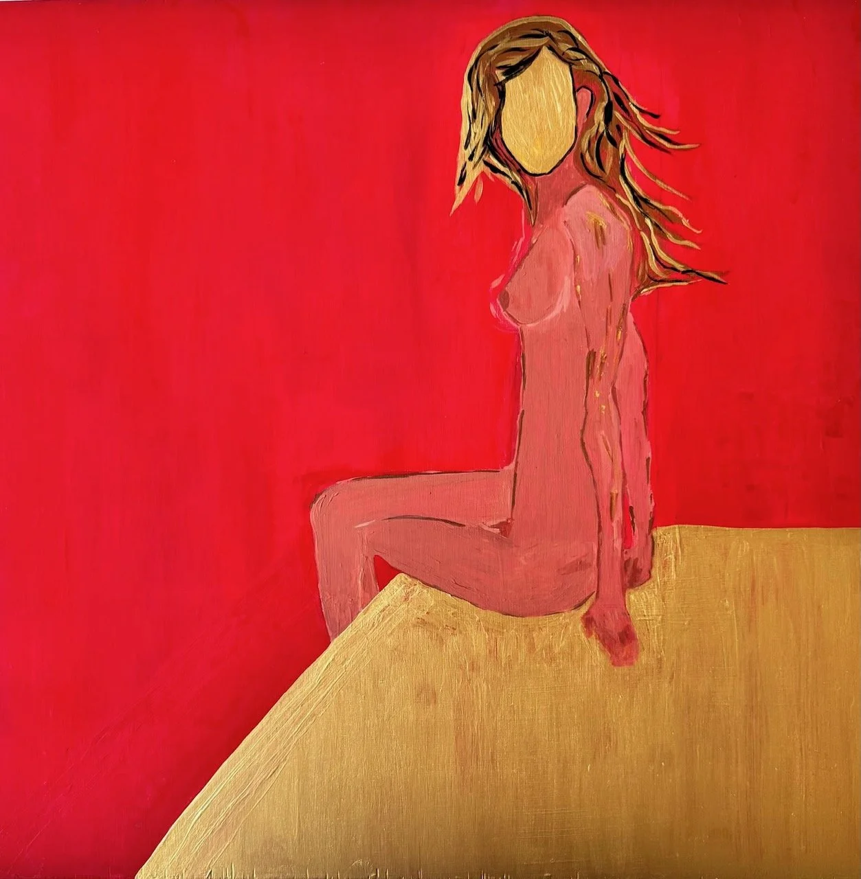 Seated nude by London artist Trish Golfar. A faceless female figure on a gold ledge against a vivid red background.