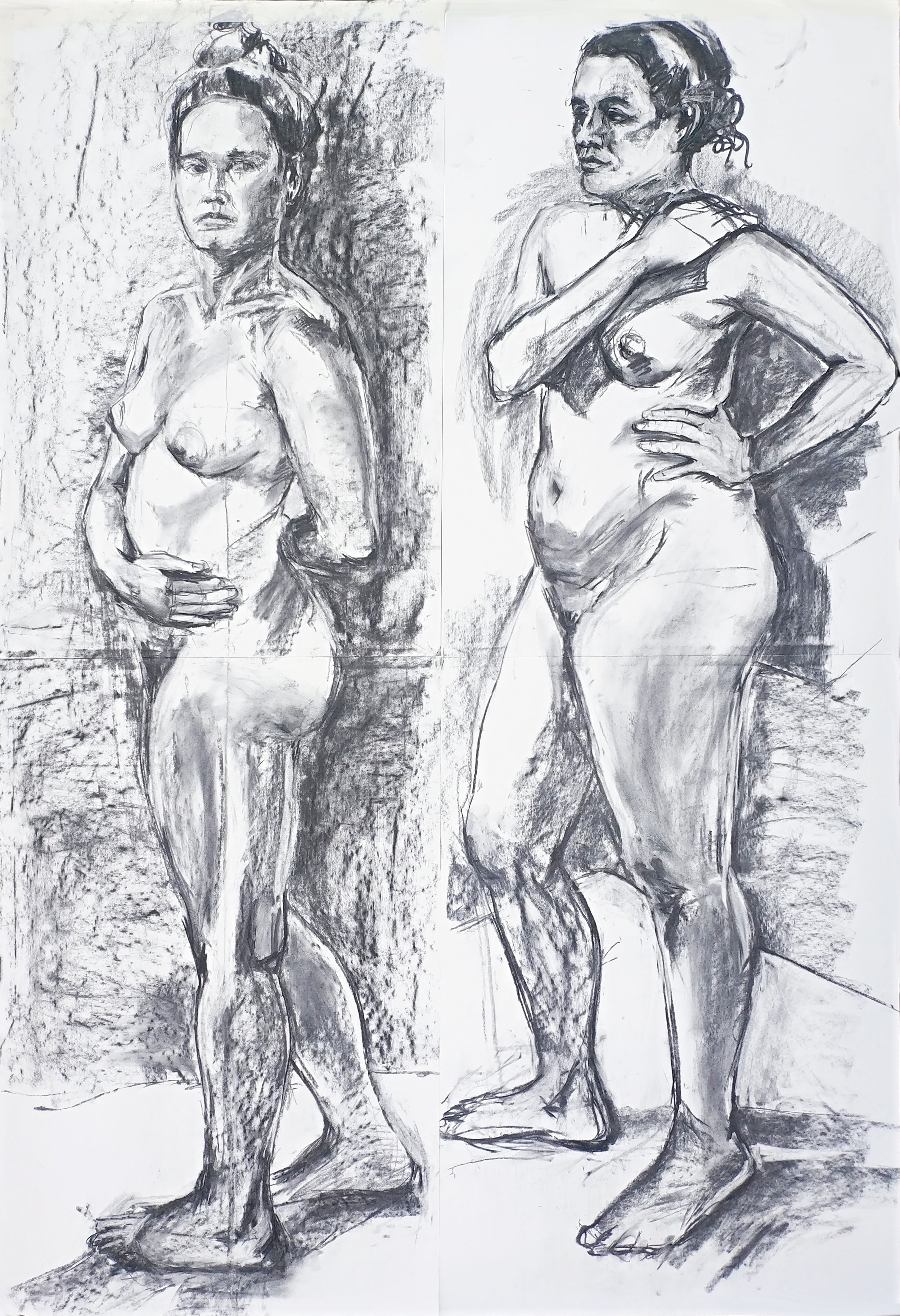 
Left: Charcoal nude study by London artist Anita Dangel. A standing woman seen front-on, one hand resting on her stomach, drawn from life in tonal black and white.
Right: Charcoal nude study by London artist Anita Dangel. A standing woman in three-q
