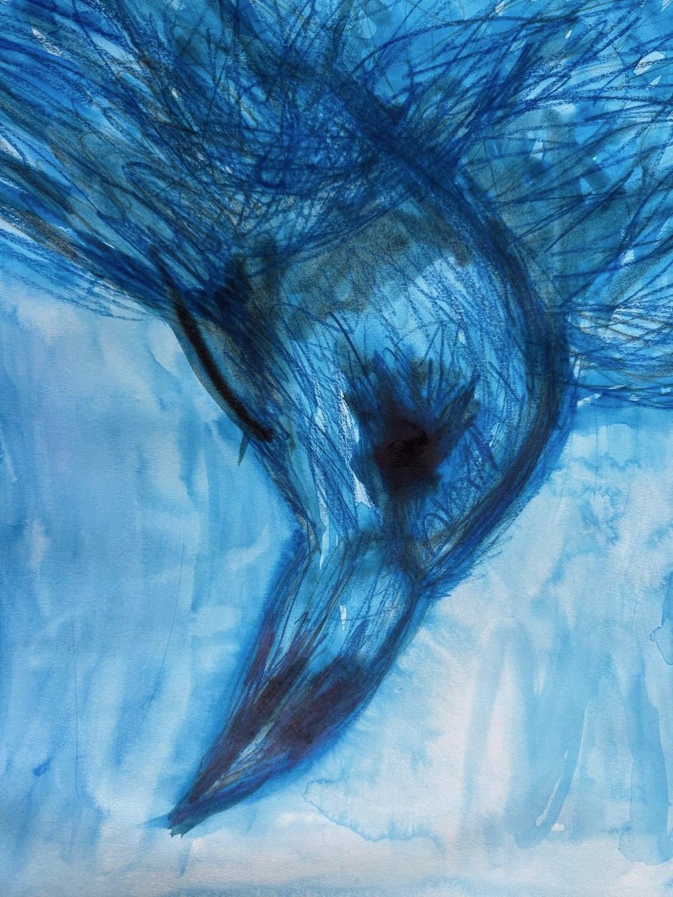 Diving bird in watercolour and ink by London artist Trish Golfar. A bird plunging downward, rendered in blue with loose gestural marks.