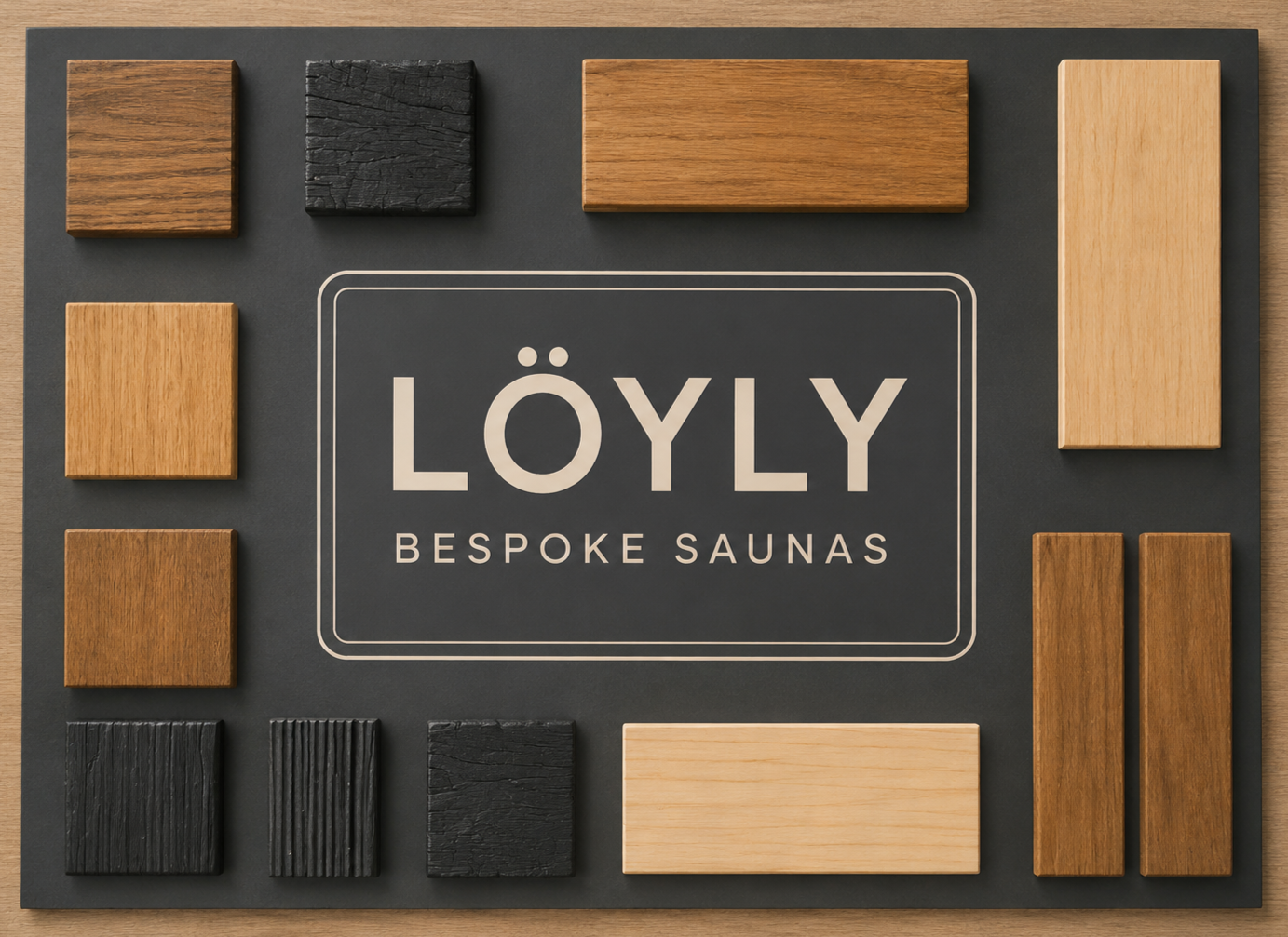 Material and finish selection board showcasing premium timbers and details used in bespoke sauna construction.