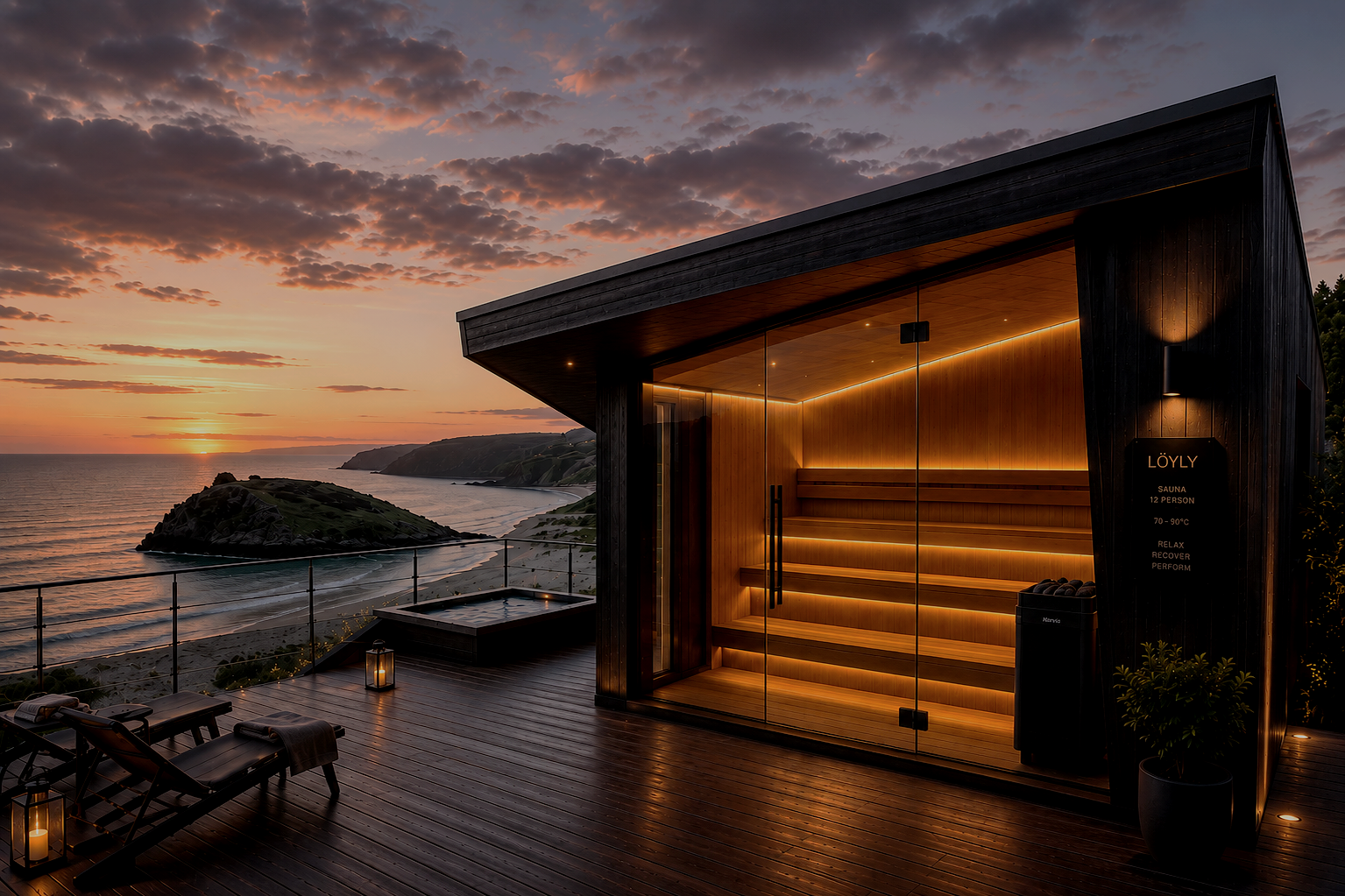 Luxury coastal sauna concept illustrating bespoke design possibilities and premium outdoor wellness spaces