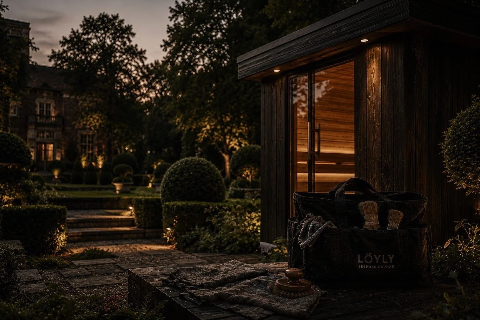 Bespoke outdoor sauna in a private garden setting, representing Löyly's luxury sauna design, craftsmanship and maintenance services