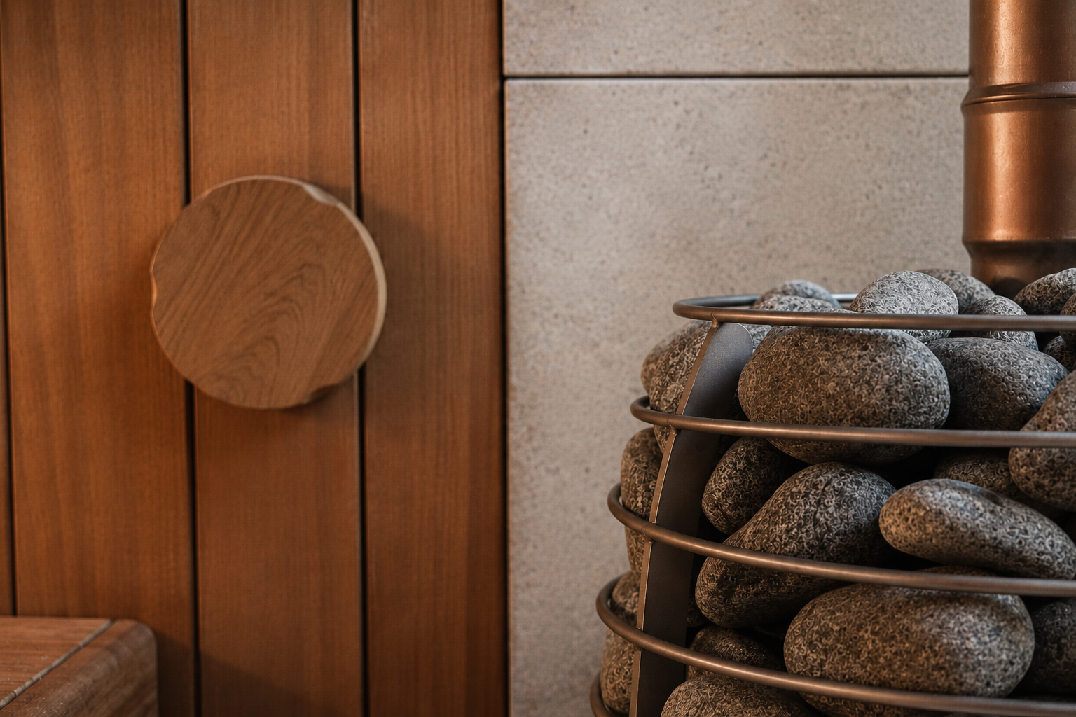 Natural sauna stones and premium materials within a bespoke luxury sauna interior.