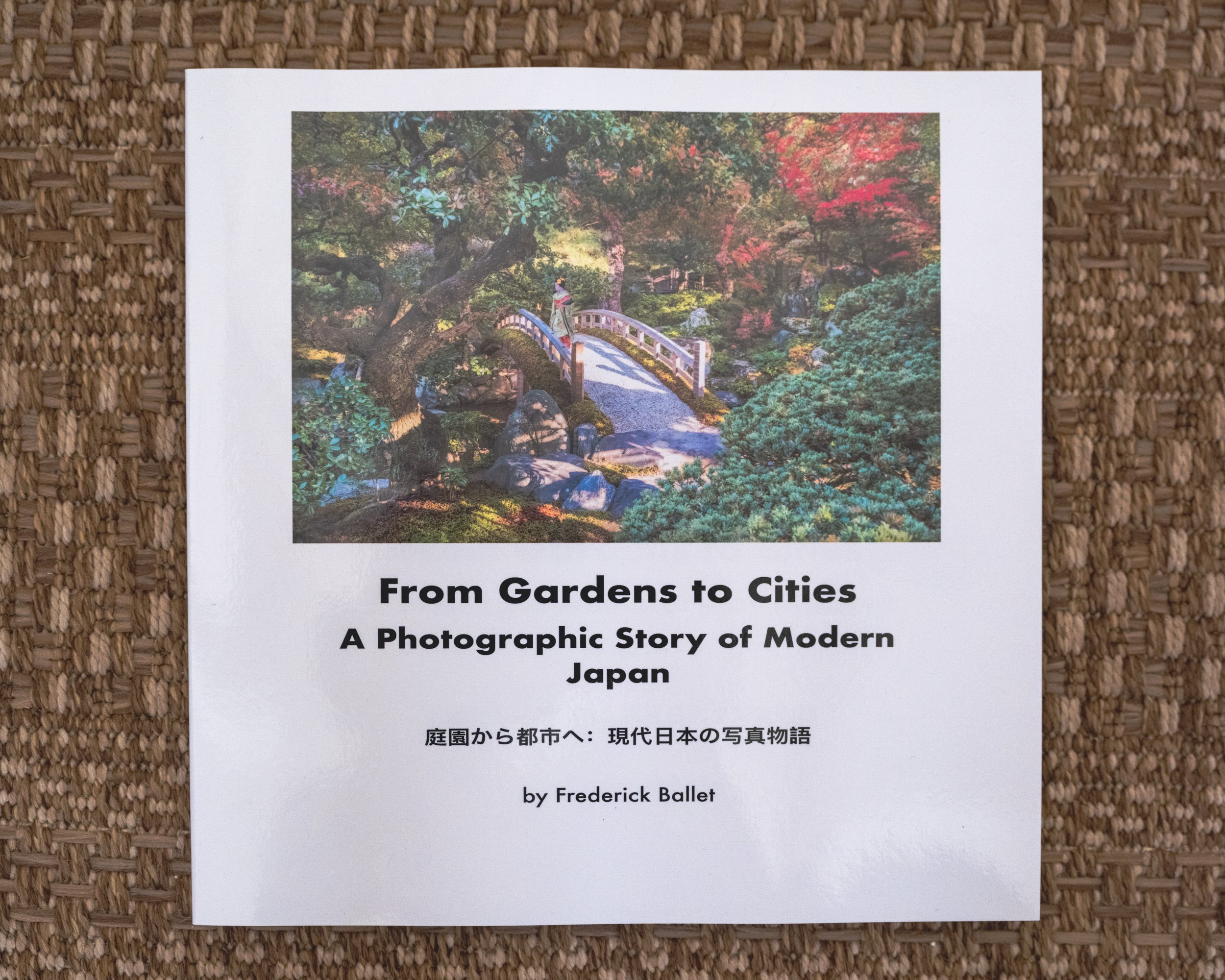 Cover of a book titled "From Gardens to Cities" showing a lush Japanese garden with a bridge and a person in traditional clothing, surrounded by vibrant red and green foliage.