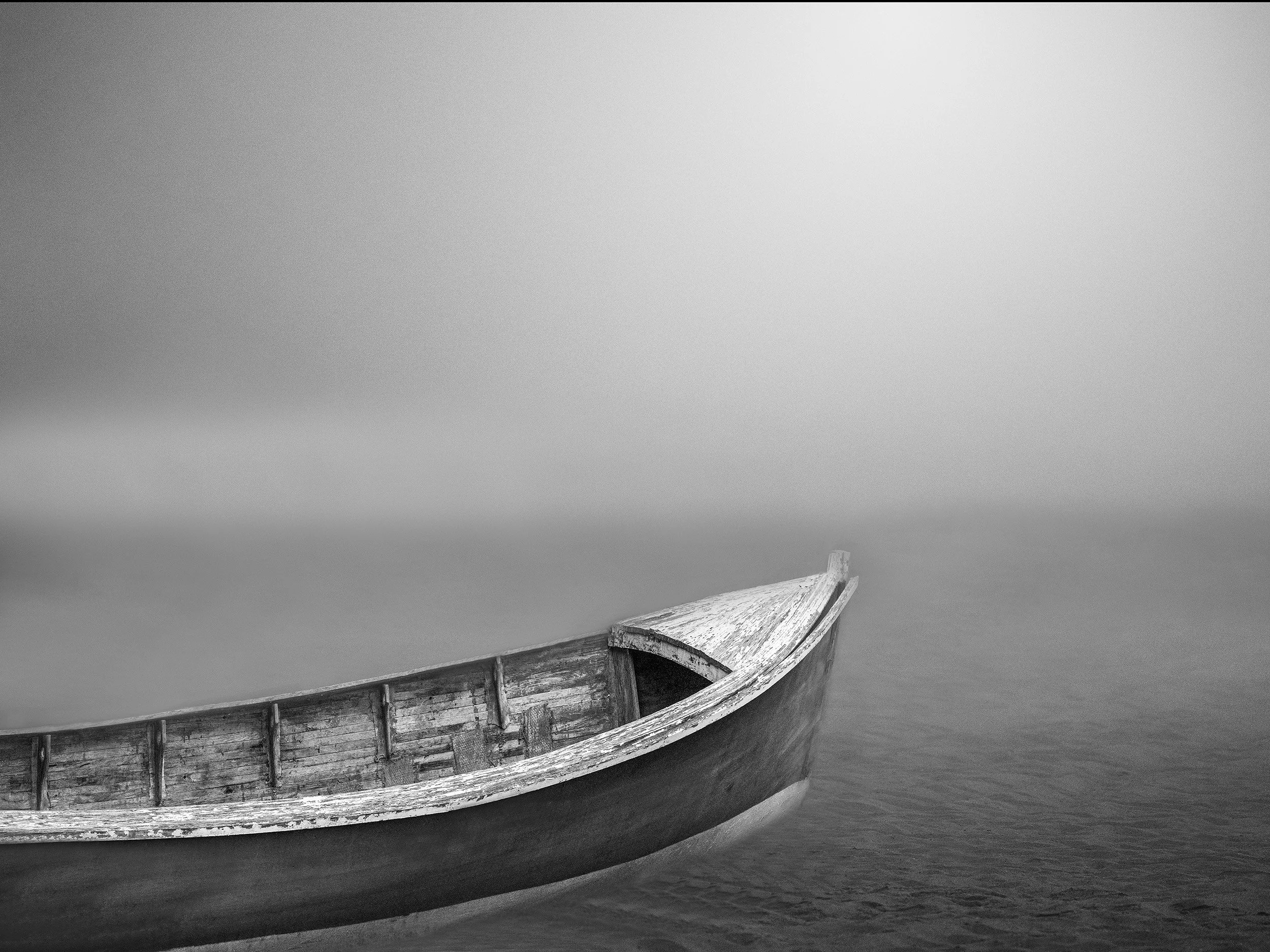 Boat on Foggy Beach BW