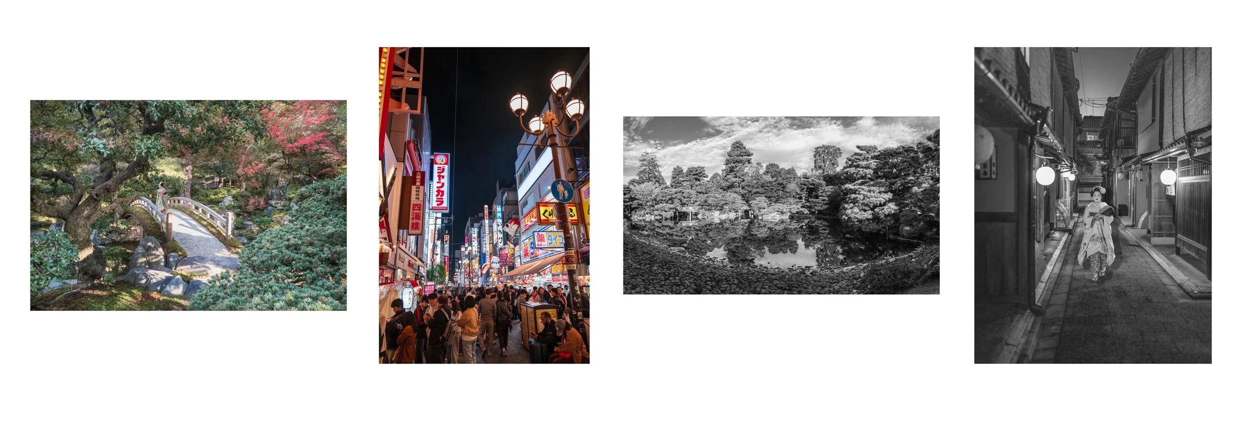 A collage of four images: a Japanese garden with a curved bridge and cherry blossoms, a busy neon-lit city street at night with crowds, a traditional Japanese garden with a pond, and a woman walking through a narrow traditional Japanese street at night.