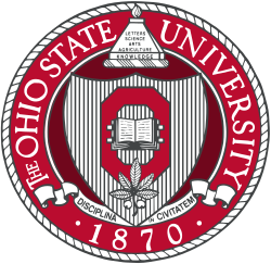 Ohio State University seal featuring a shield with an owl and a laurel branch, surrounded by a red ring with the university's name and founding year 1870.