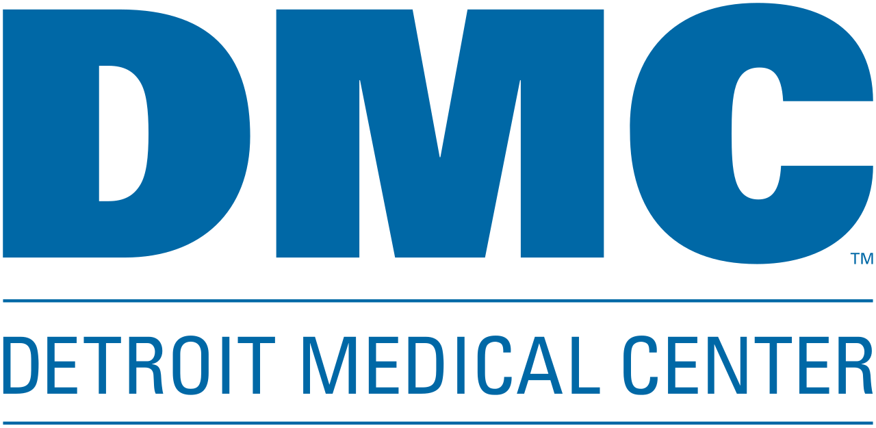 The logo of DMC Detroit Medical Center in blue.