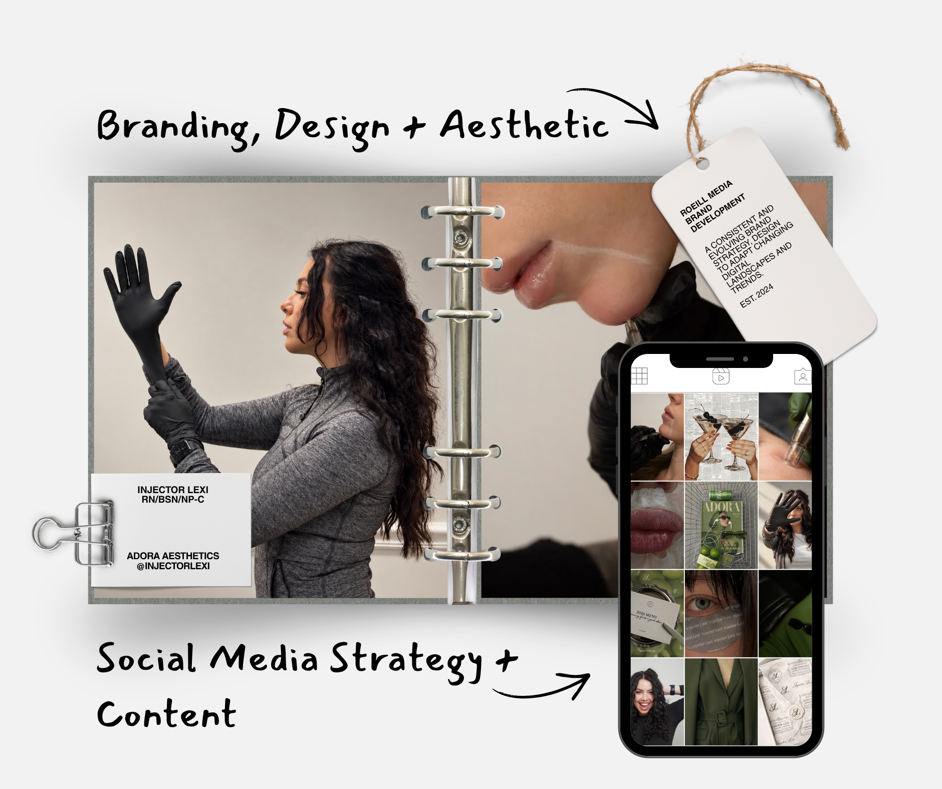 Branding and social media work by Roeill Media for Injector Lexi, featuring practitioner photography, an Instagram grid and visual direction.