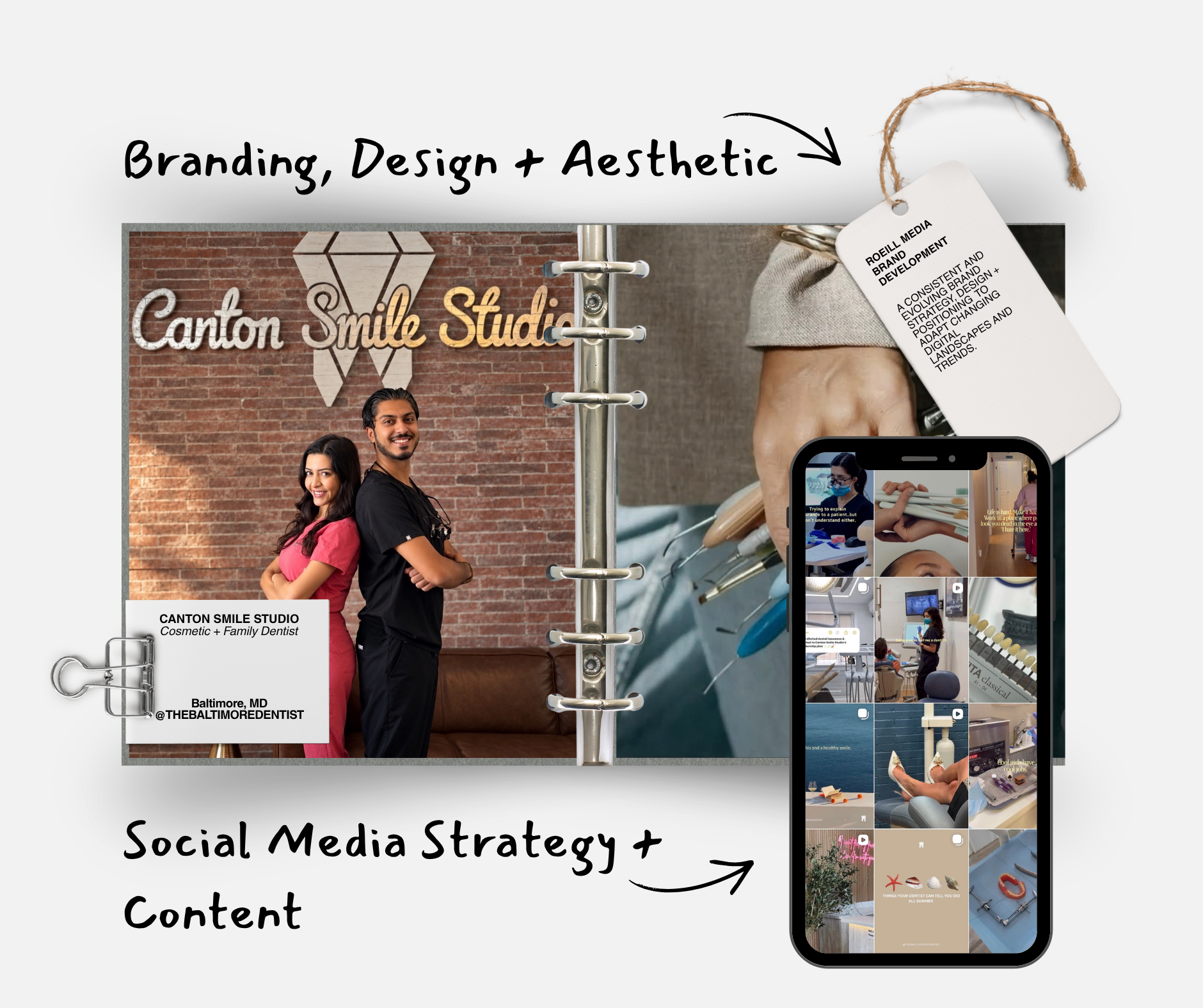 Social media and content work by Roeill Media for Canton Smile Studio, shown in a collage featuring a smiling couple, an Instagram grid and annotations about branding and content strategy.