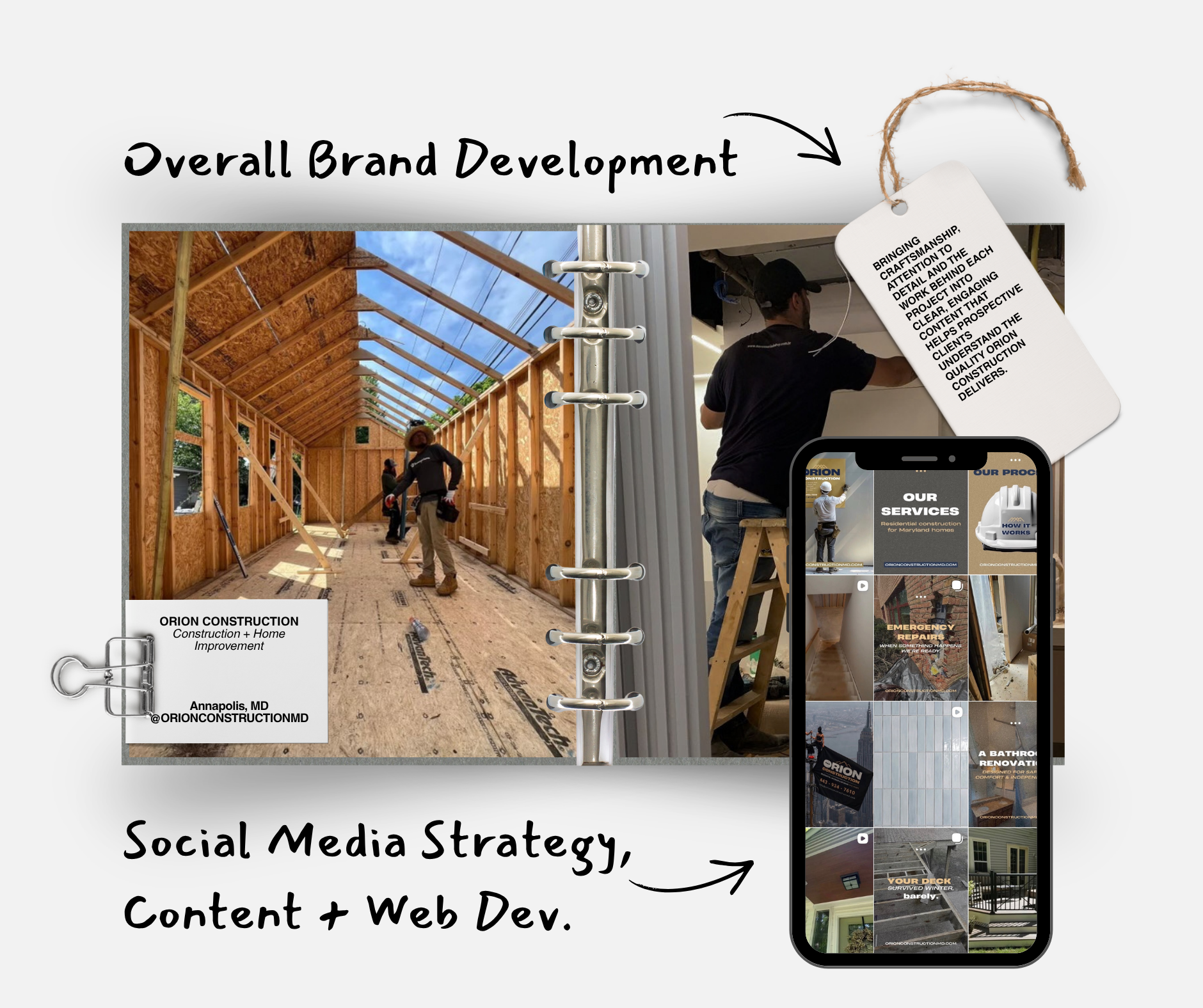 Social media content, website development, and brand storytelling work by Roeill Media for Orion Construction, a construction and home improvement business.