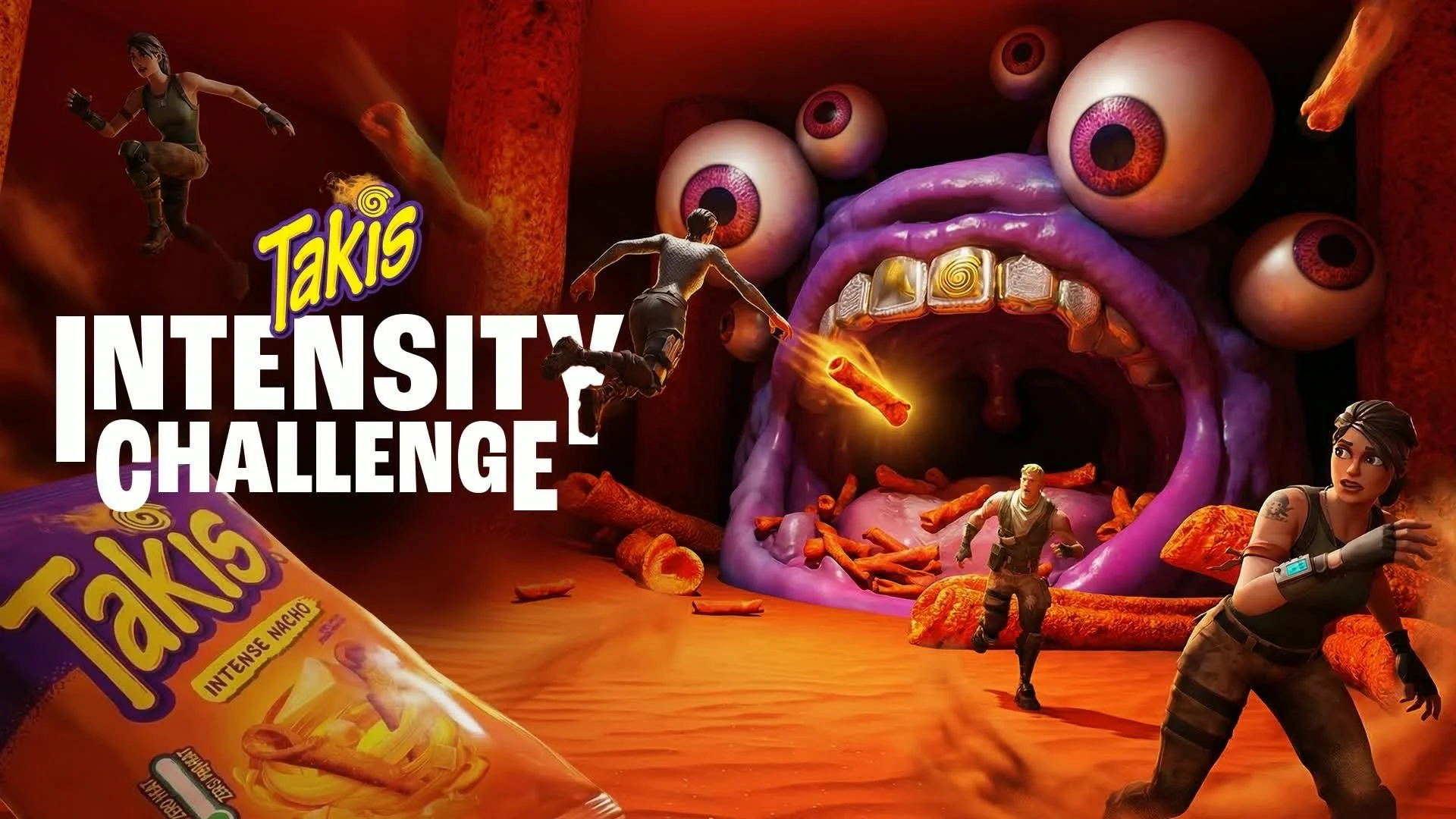 Video game scene from Takis Intensity Challenge featuring characters fighting inside a monster's mouth with eyes, surrounded by flaming debris and a pack of Takis snacks in the foreground.