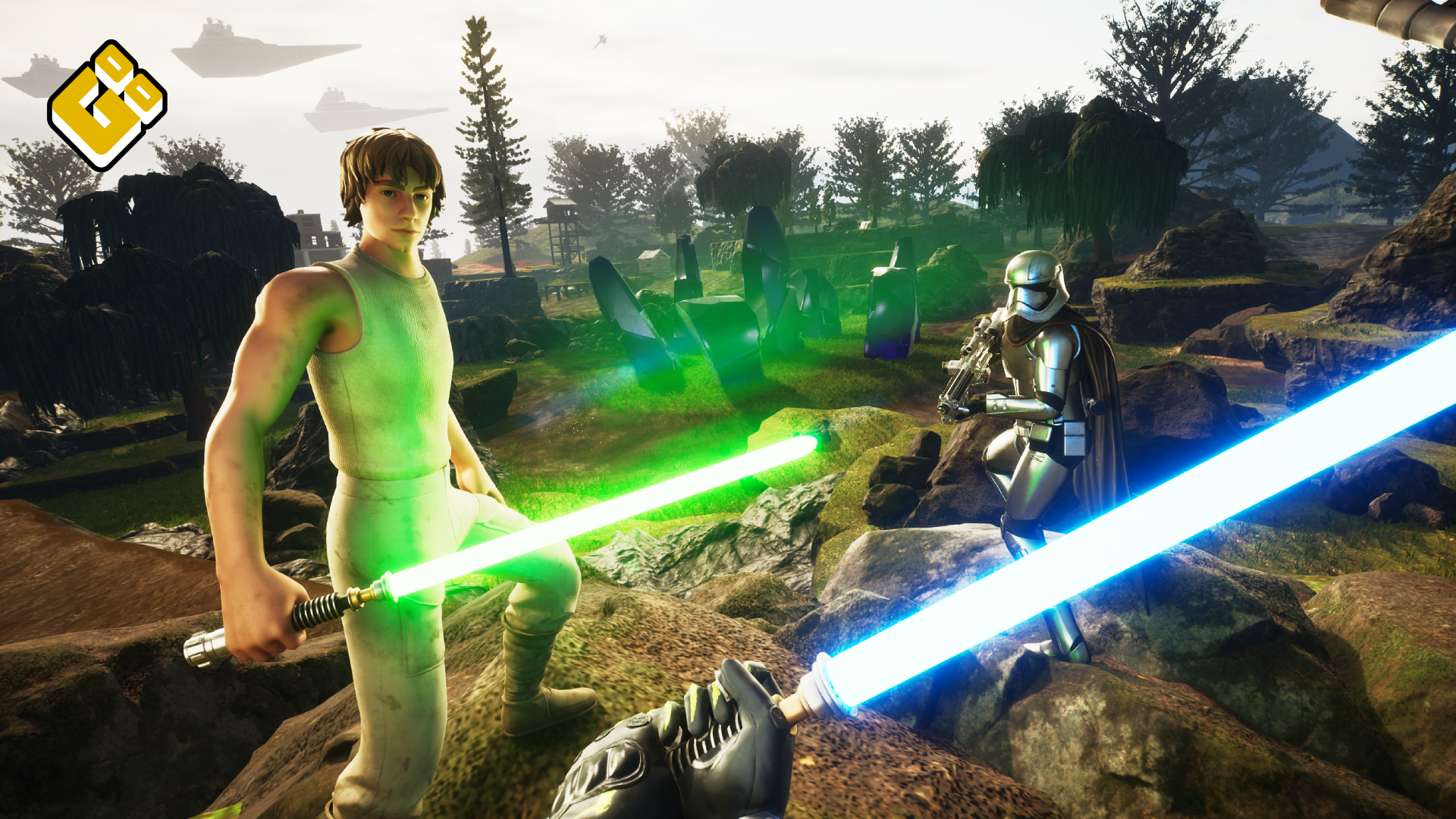 Fictional scene of two characters from Star Wars, a young man with a green lightsaber in a sleeveless shirt and pants, and a TIE fighter pilot with a white helmet and black armor, facing each other in a rocky, wooded landscape with spaceship ships in the sky.