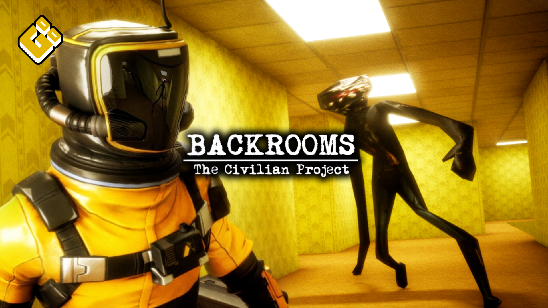 A person dressed in a yellow hazmat suit with a black helmet stands in a room with yellow patterned wallpaper, alongside modern art sculptures including a black elongated human figure and a sleek, futuristic robot head with a yellow visor.